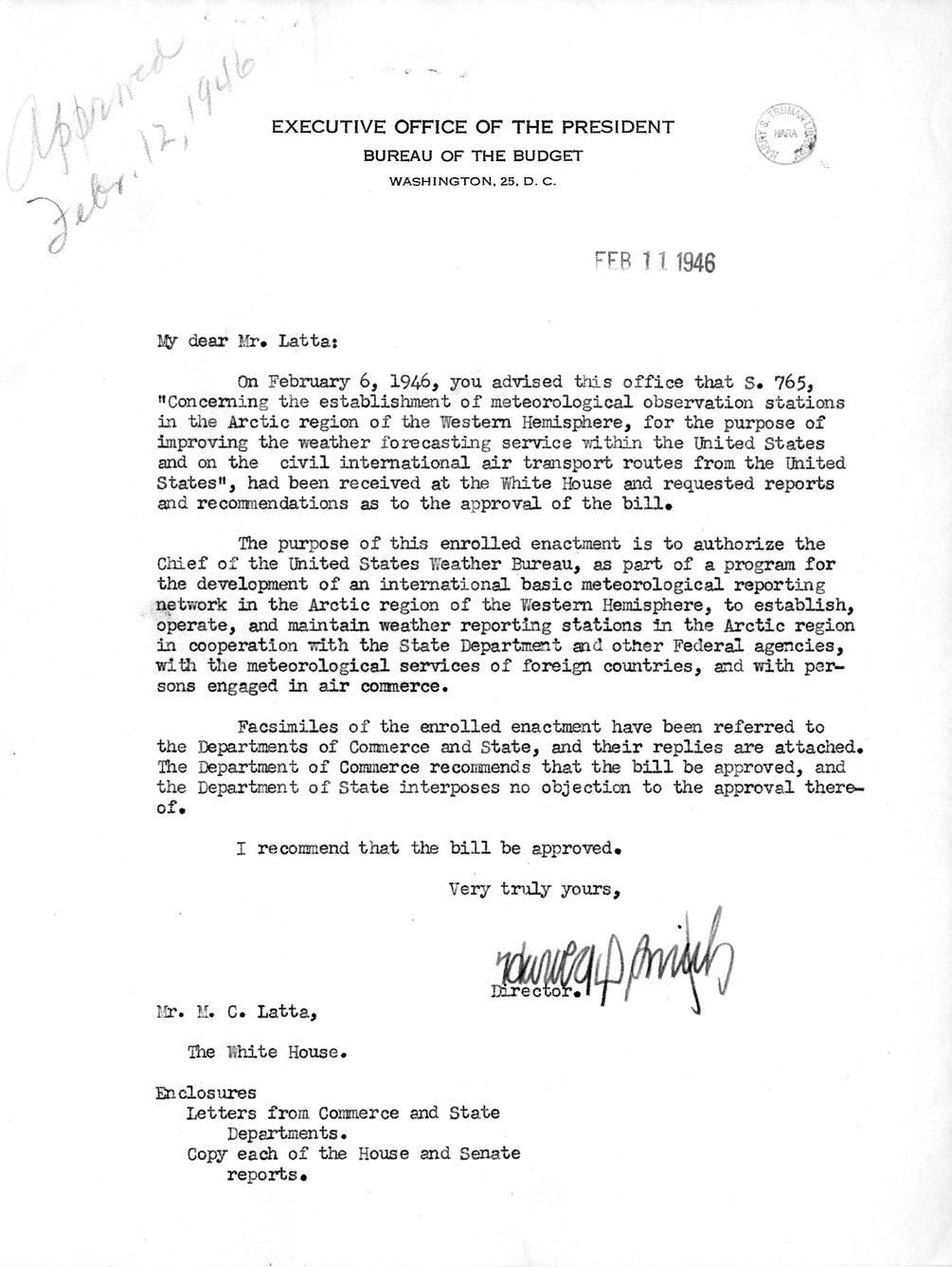 Memorandum from Harold D. Smith to M. C. Latta, S. 765, Concerning the Establishment of Meteorological Observation Stations in the Arctic Region of the Western Hemisphere, for the Purpose of Improving the Weather Forecasting Service Within the United States and on the Civil International Air Transport Routes From the United States, with Attachments