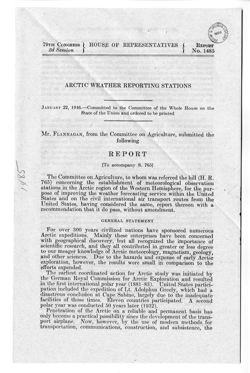 Memorandum from Harold D. Smith to M. C. Latta, S. 765, Concerning the Establishment of Meteorological Observation Stations in the Arctic Region of the Western Hemisphere, for the Purpose of Improving the Weather Forecasting Service Within the United States and on the Civil International Air Transport Routes From the United States, with Attachments