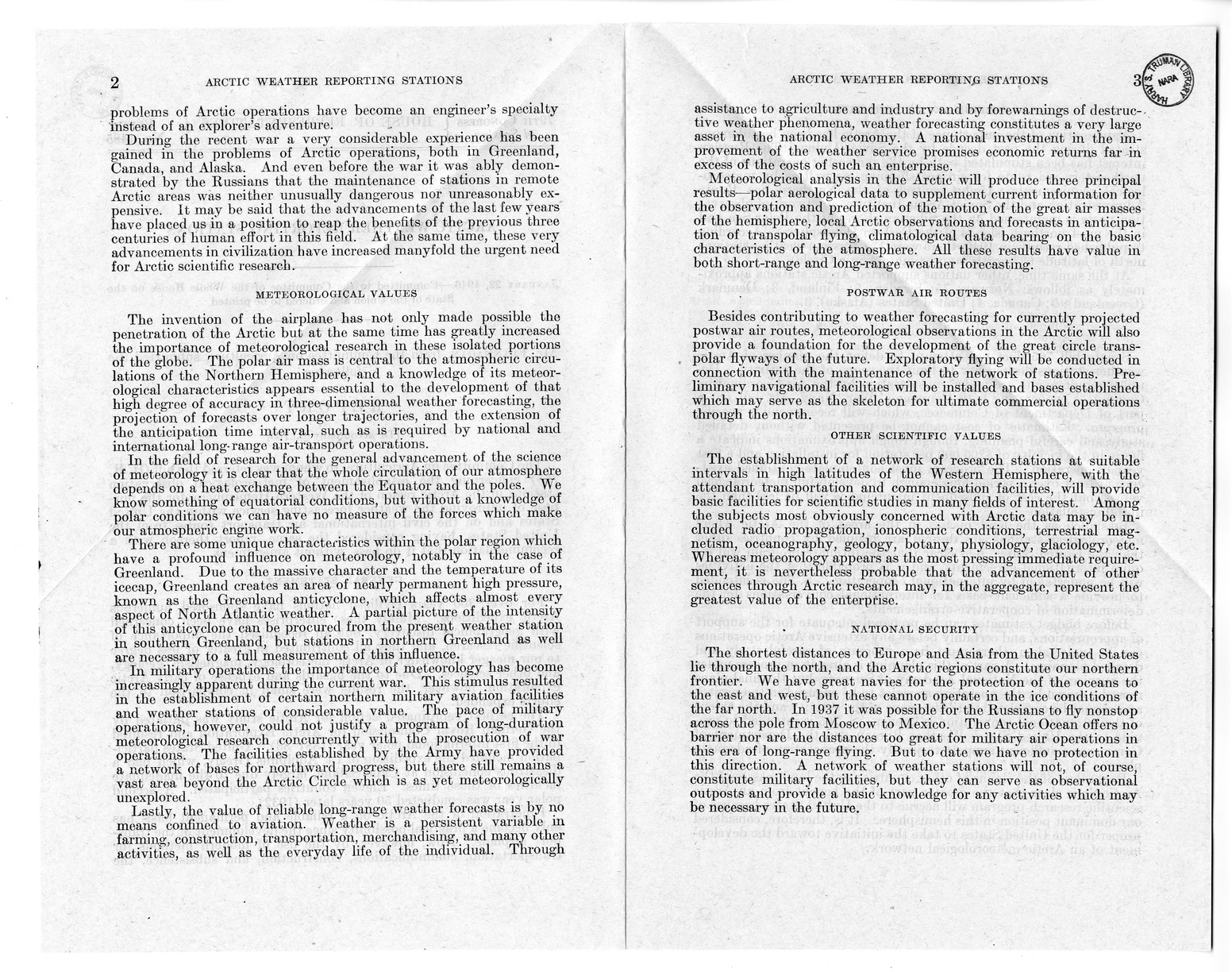 Memorandum from Harold D. Smith to M. C. Latta, S. 765, Concerning the Establishment of Meteorological Observation Stations in the Arctic Region of the Western Hemisphere, for the Purpose of Improving the Weather Forecasting Service Within the United States and on the Civil International Air Transport Routes From the United States, with Attachments