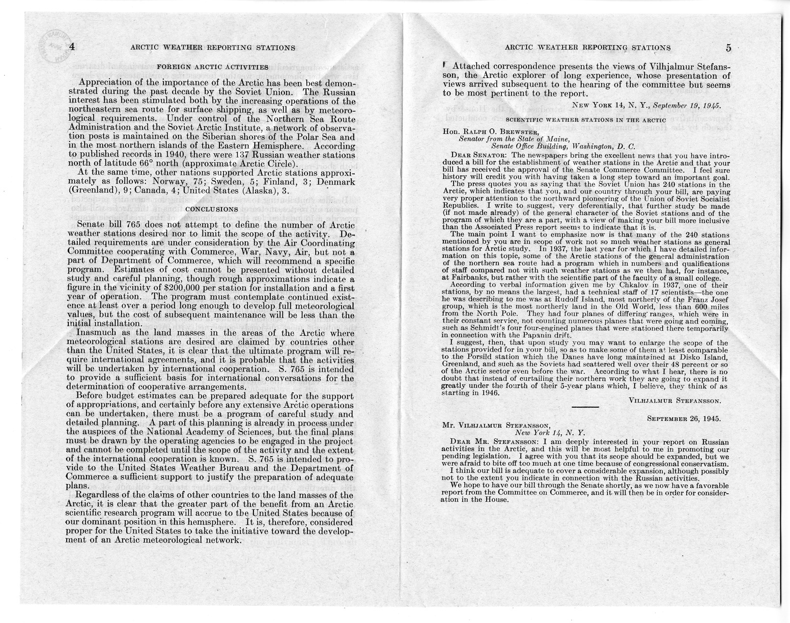 Memorandum from Harold D. Smith to M. C. Latta, S. 765, Concerning the Establishment of Meteorological Observation Stations in the Arctic Region of the Western Hemisphere, for the Purpose of Improving the Weather Forecasting Service Within the United States and on the Civil International Air Transport Routes From the United States, with Attachments