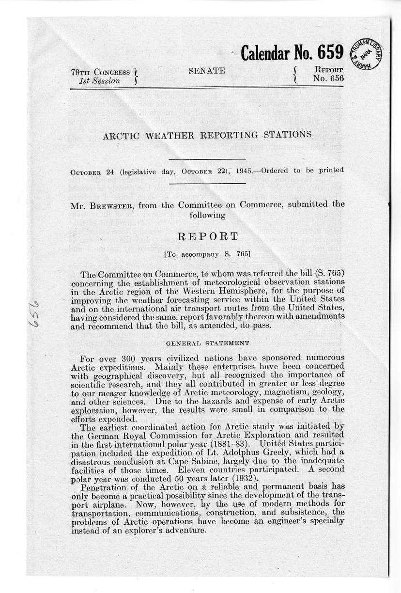 Memorandum from Harold D. Smith to M. C. Latta, S. 765, Concerning the Establishment of Meteorological Observation Stations in the Arctic Region of the Western Hemisphere, for the Purpose of Improving the Weather Forecasting Service Within the United States and on the Civil International Air Transport Routes From the United States, with Attachments