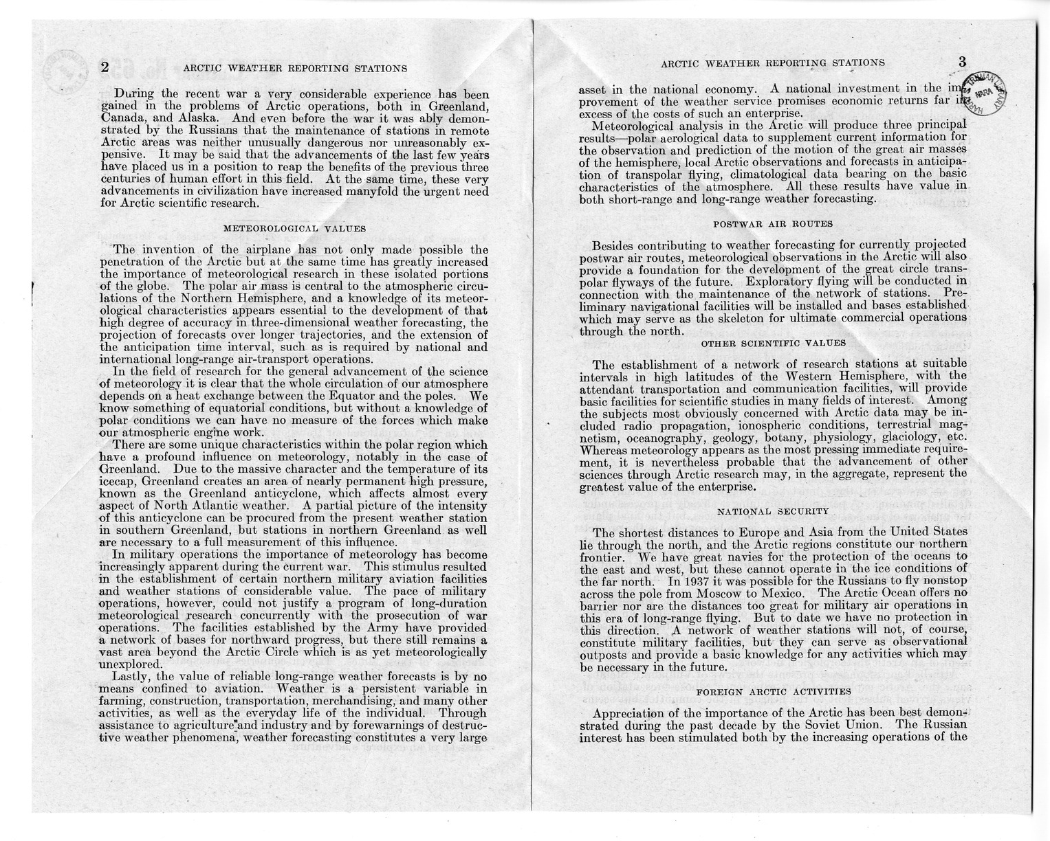 Memorandum from Harold D. Smith to M. C. Latta, S. 765, Concerning the Establishment of Meteorological Observation Stations in the Arctic Region of the Western Hemisphere, for the Purpose of Improving the Weather Forecasting Service Within the United States and on the Civil International Air Transport Routes From the United States, with Attachments