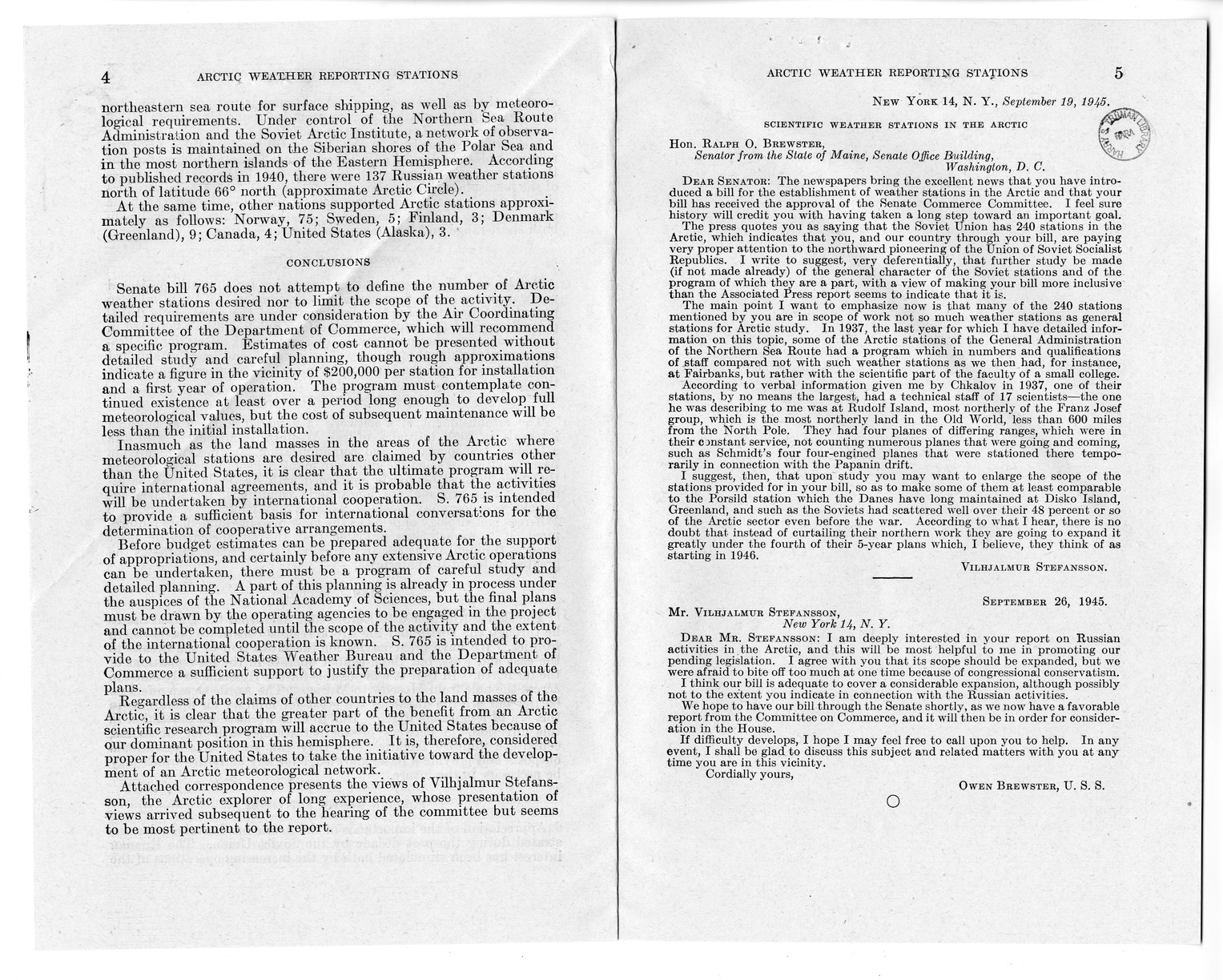 Memorandum from Harold D. Smith to M. C. Latta, S. 765, Concerning the Establishment of Meteorological Observation Stations in the Arctic Region of the Western Hemisphere, for the Purpose of Improving the Weather Forecasting Service Within the United States and on the Civil International Air Transport Routes From the United States, with Attachments