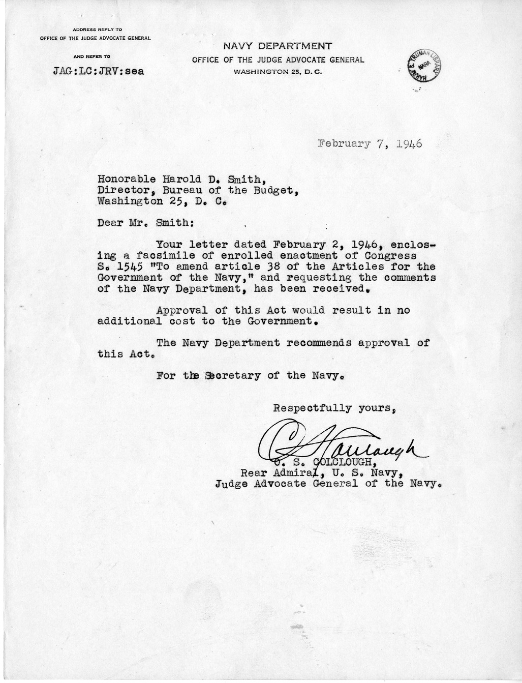 Memorandum from Harold D. Smith to M. C. Latta, S. 1545, To Amend Article 38 of the Articles for the Government of the Navy, with Attachments