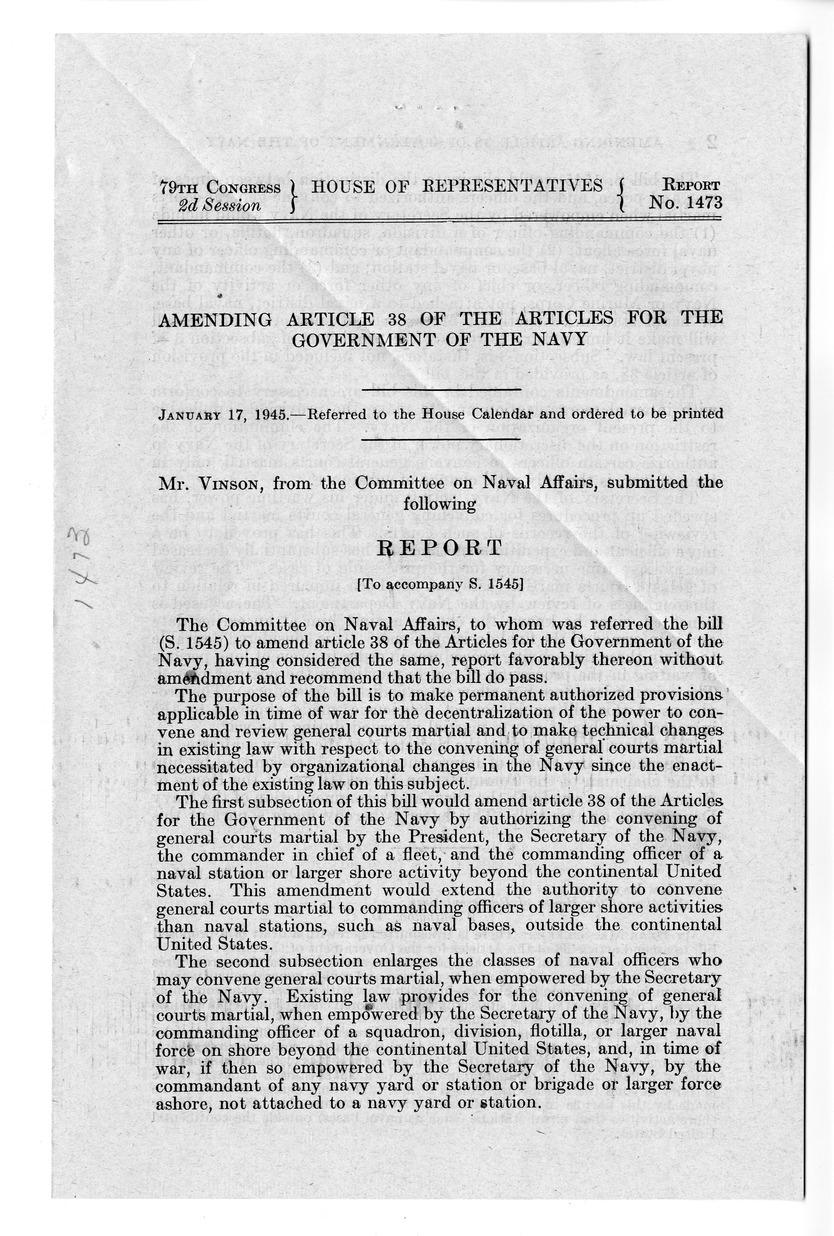 Memorandum from Harold D. Smith to M. C. Latta, S. 1545, To Amend Article 38 of the Articles for the Government of the Navy, with Attachments