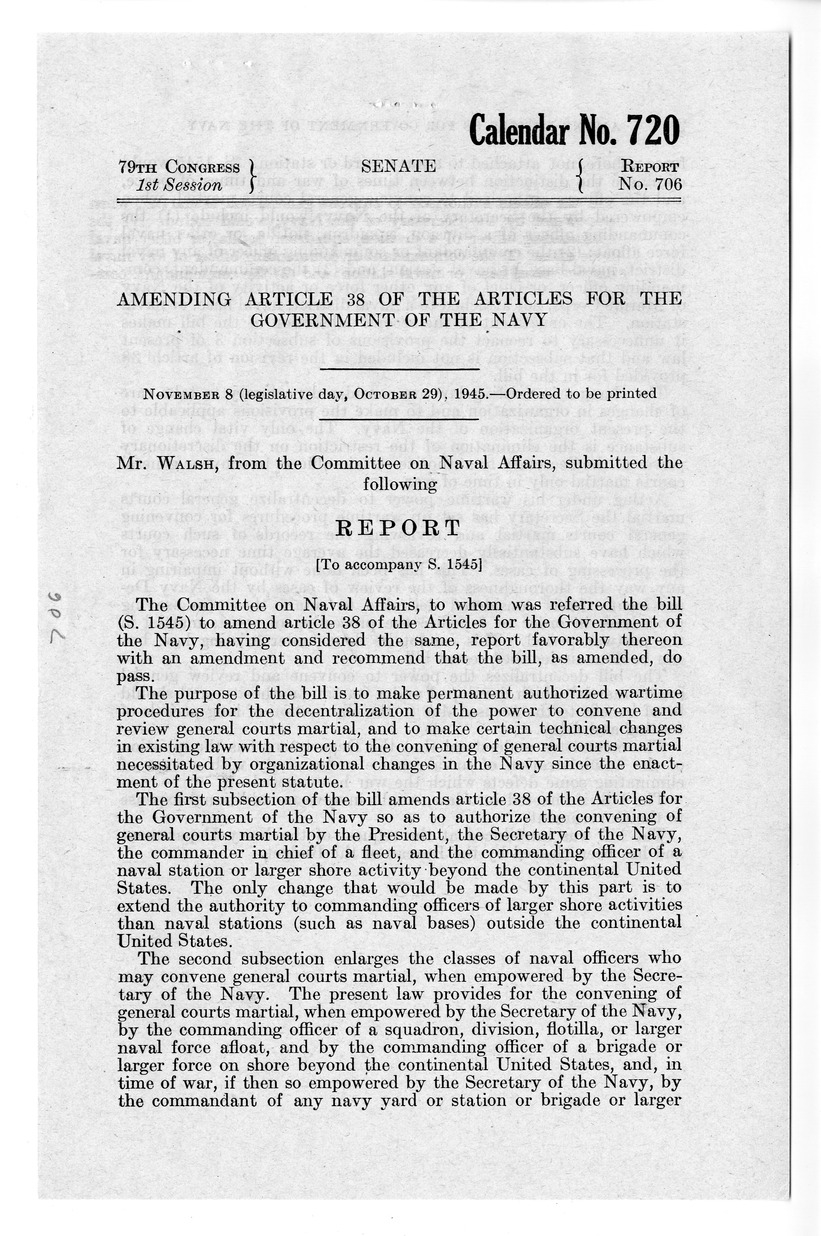 Memorandum from Harold D. Smith to M. C. Latta, S. 1545, To Amend Article 38 of the Articles for the Government of the Navy, with Attachments