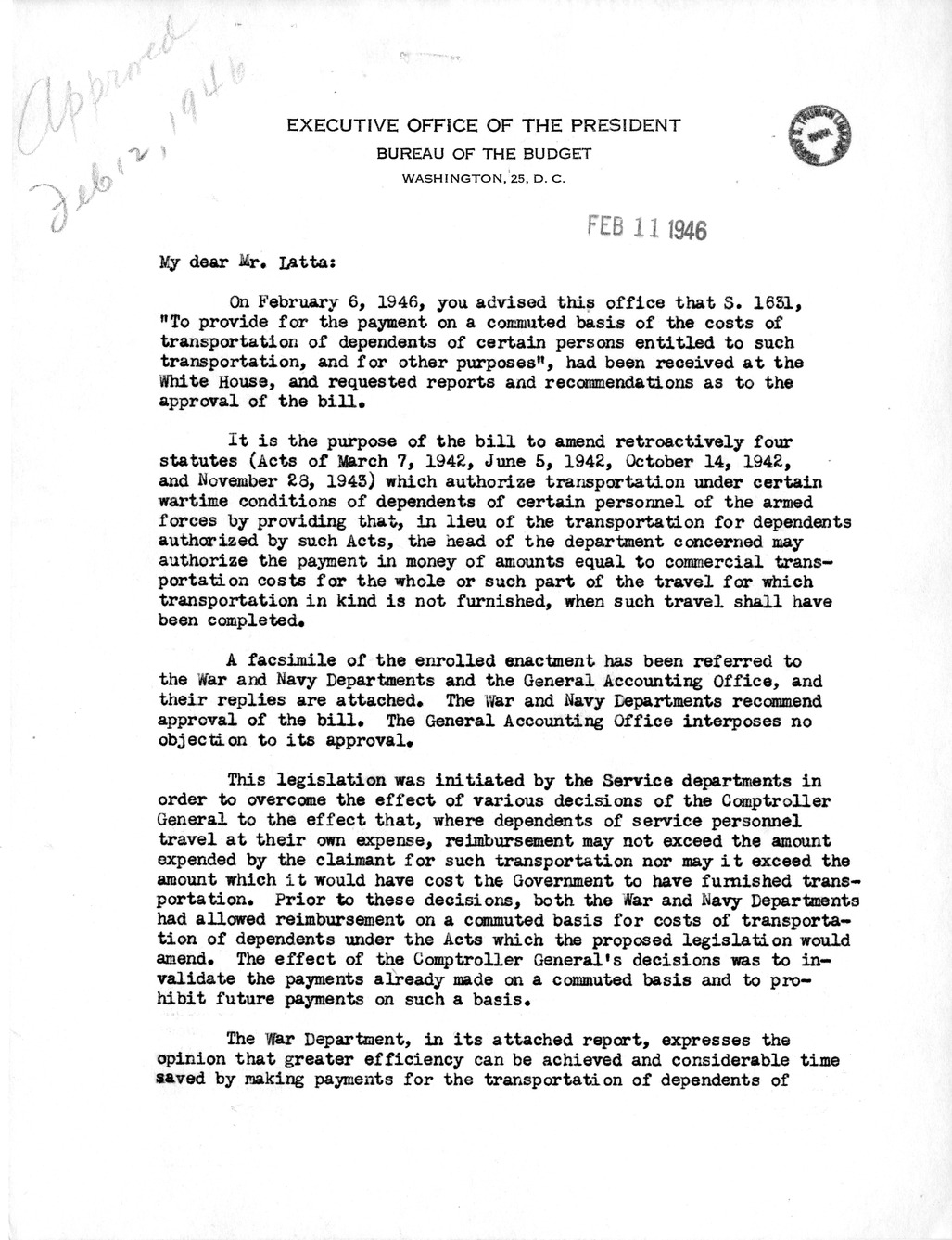 Memorandum from Harold D. Smith to M. C. Latta, S. 1631, To Provide for the Payment on a Commuted Basis of the Costs of Transportation of Dependents of Certain Persons Entitled to Such Transportation, with Attachments