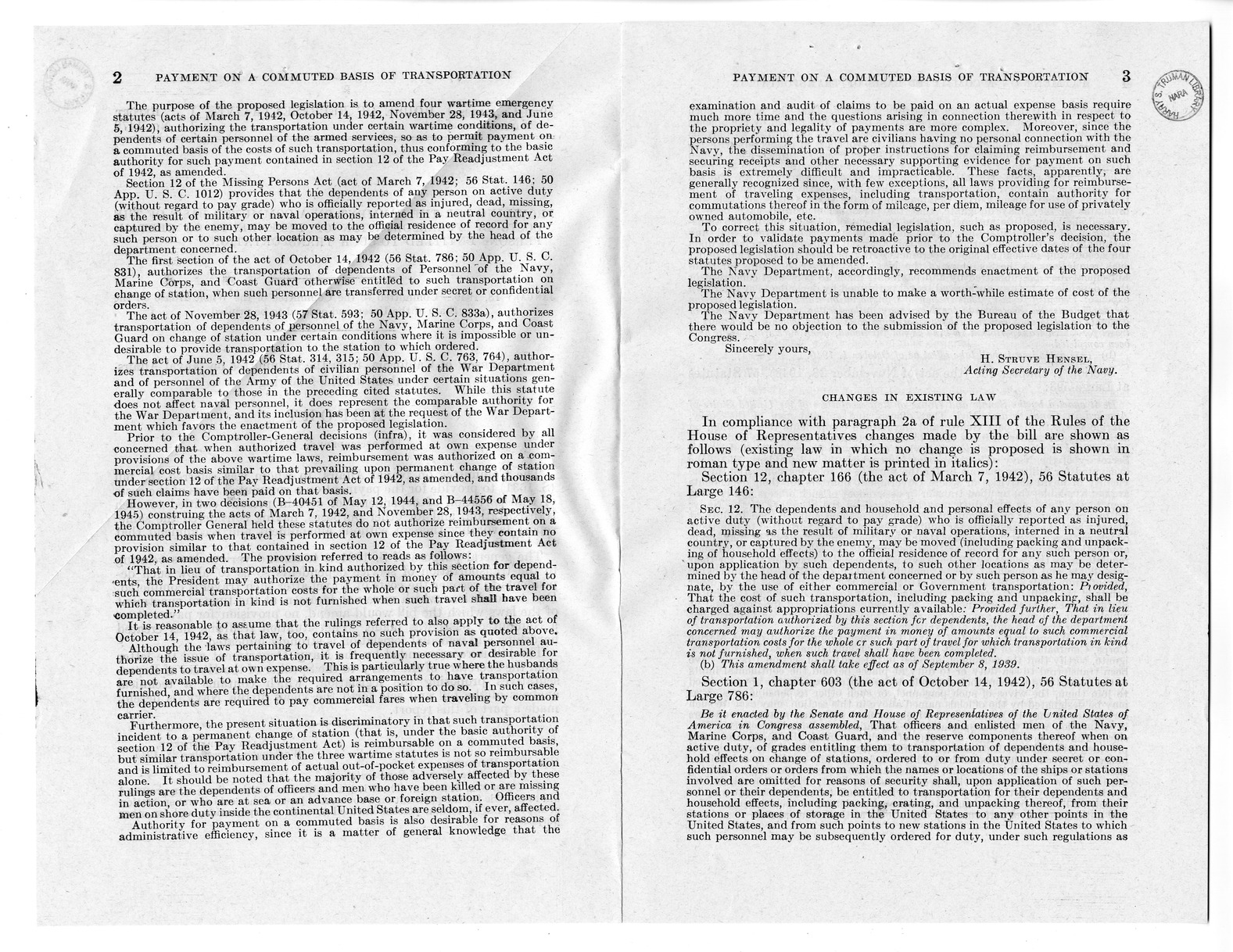 Memorandum from Harold D. Smith to M. C. Latta, S. 1631, To Provide for the Payment on a Commuted Basis of the Costs of Transportation of Dependents of Certain Persons Entitled to Such Transportation, with Attachments