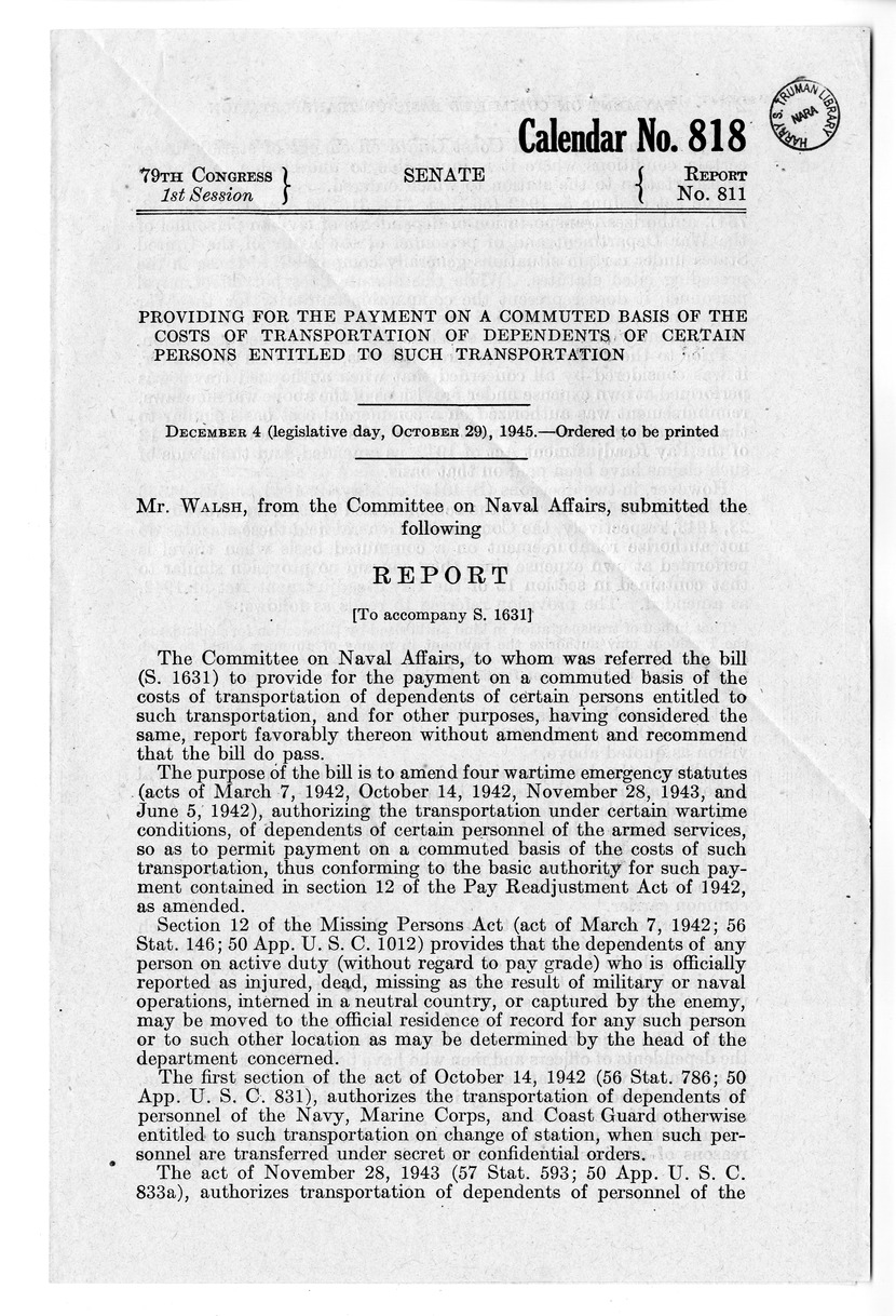Memorandum from Harold D. Smith to M. C. Latta, S. 1631, To Provide for the Payment on a Commuted Basis of the Costs of Transportation of Dependents of Certain Persons Entitled to Such Transportation, with Attachments