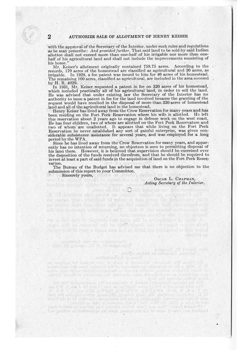 Memorandum from Frederick J. Bailey to M. C. Latta, S. 480, To Authorize the Sale of the Allotment of Henry Keiser on the Crow Indian Reservation, Montana, with Attachments