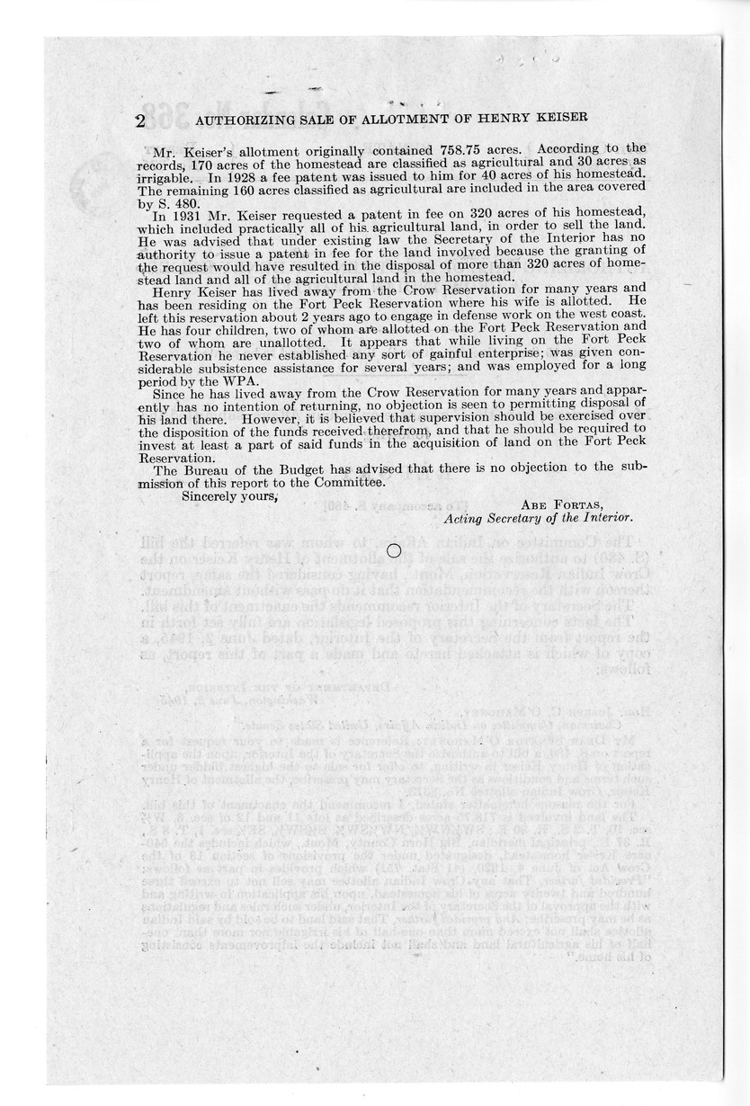 Memorandum from Frederick J. Bailey to M. C. Latta, S. 480, To Authorize the Sale of the Allotment of Henry Keiser on the Crow Indian Reservation, Montana, with Attachments