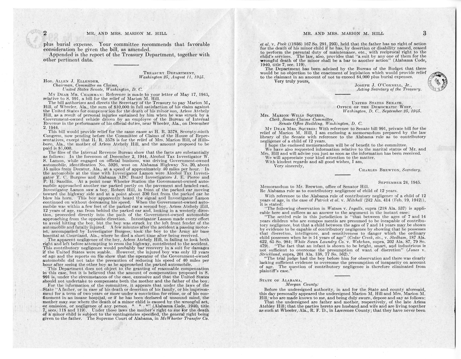 Memorandum from Frederick J. Bailey to M. C. Latta, S. 991, For the Relief of Mr. and Mrs. Marion M. Hill, with Attachments