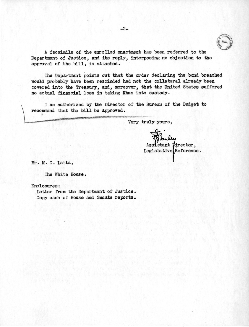Memorandum from Frederick J. Bailey to M. C. Latta, S. 1081, For the Relief of Aftab Ali, with Attachments