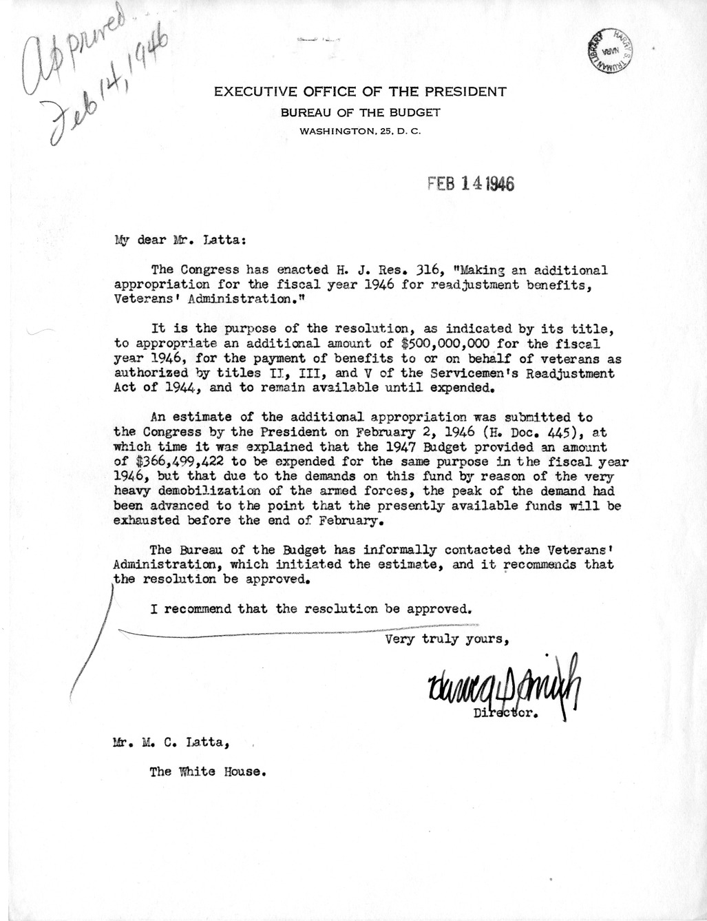 Memorandum from Harold D. Smith to M. C. Latta, H.J. Res. 316, Making an Additional Appropriation for the Fiscal Year 1946 for Readjustment Benefits, Veterans' Administration