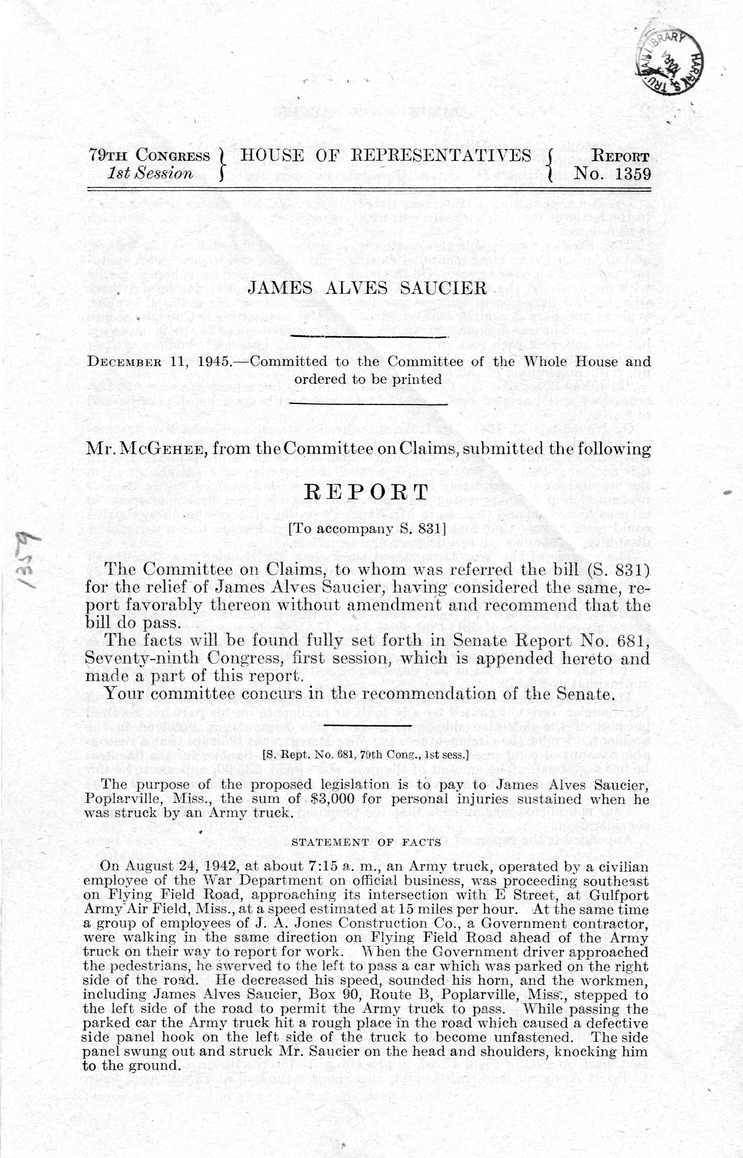 Memorandum from Frederick J. Bailey to M. C. Latta, S. 831, For the Relief of James Alves Saucier, with Attachments