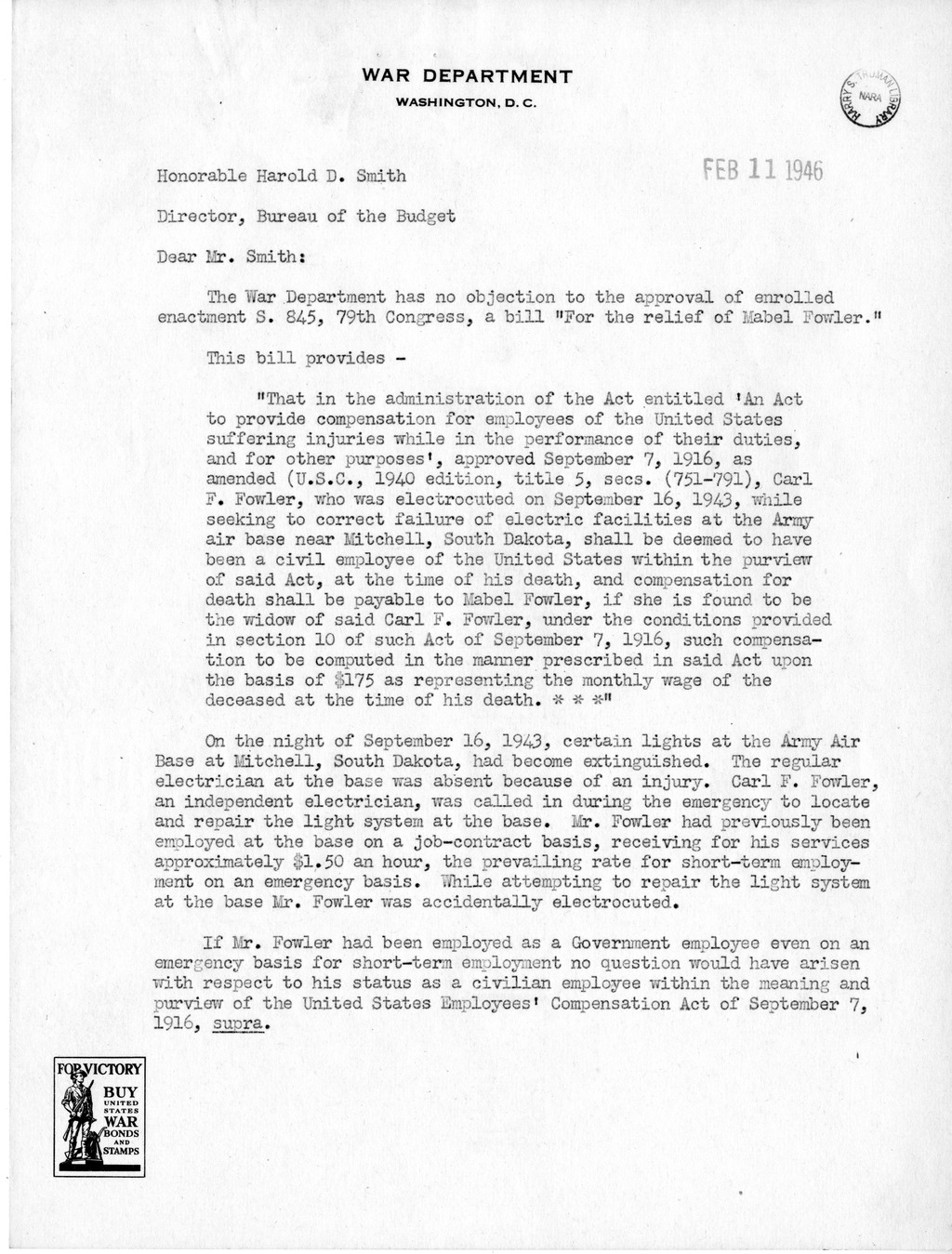 Memorandum from Frederick J. Bailey to M. C. Latta, S. 845, For the Relief of Mabel Fowler, with Attachments