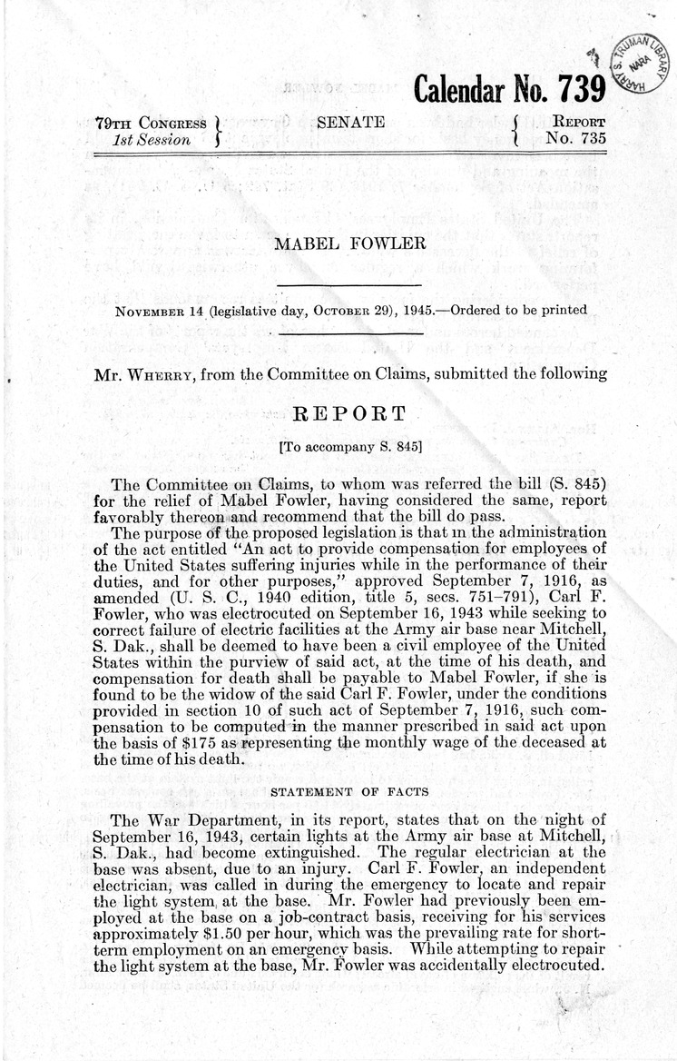 Memorandum from Frederick J. Bailey to M. C. Latta, S. 845, For the Relief of Mabel Fowler, with Attachments