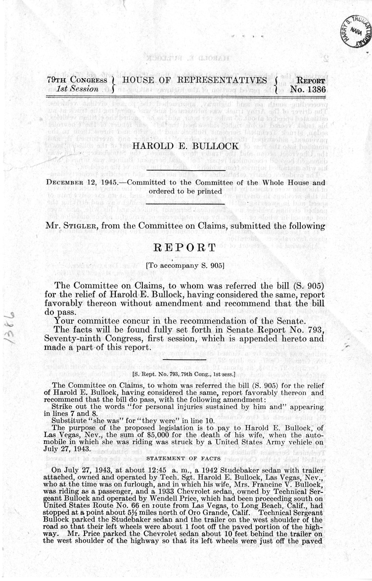 Memorandum from Frederick J. Bailey to M. C. Latta, S. 905, For the Relief of Harold E. Bullock, with Attachments