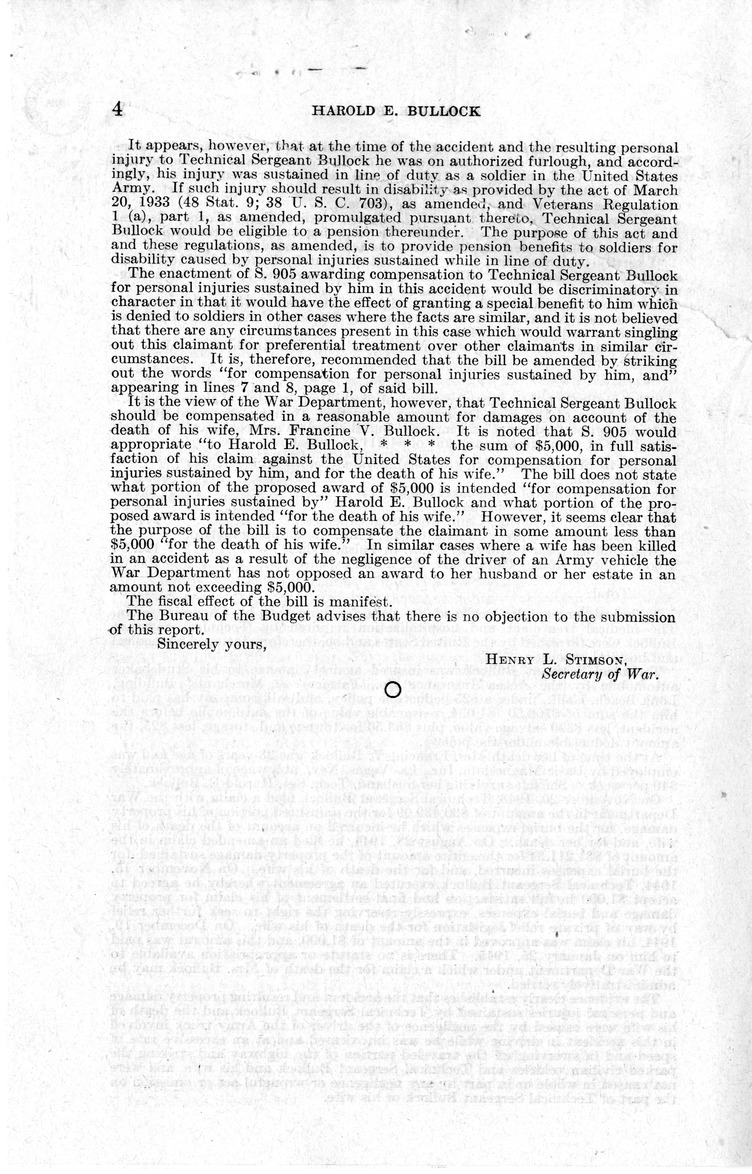 Memorandum from Frederick J. Bailey to M. C. Latta, S. 905, For the Relief of Harold E. Bullock, with Attachments