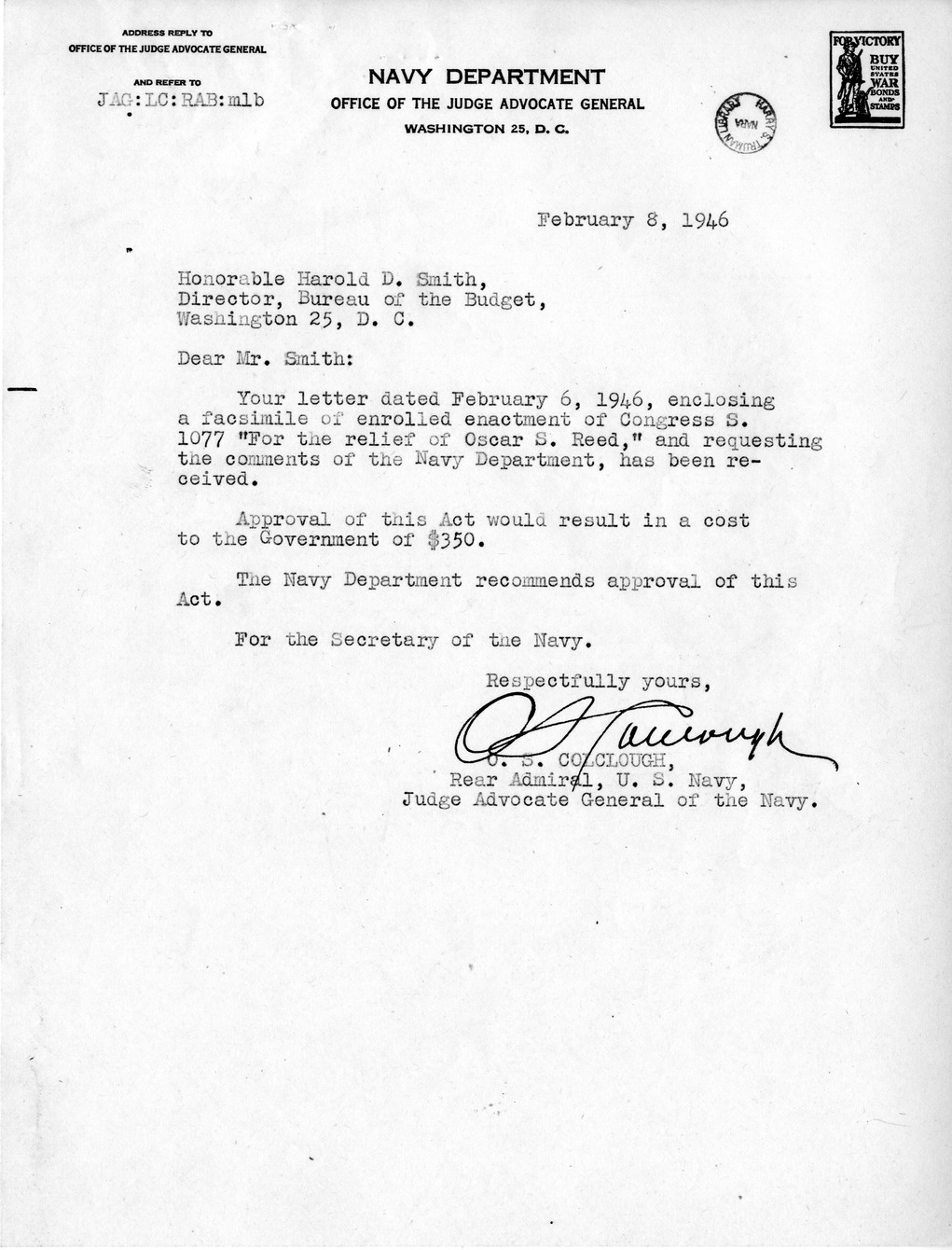 Memorandum from Frederick J. Bailey to M. C. Latta, S. 1077, For the Relief of Oscar S. Reed, with Attachments