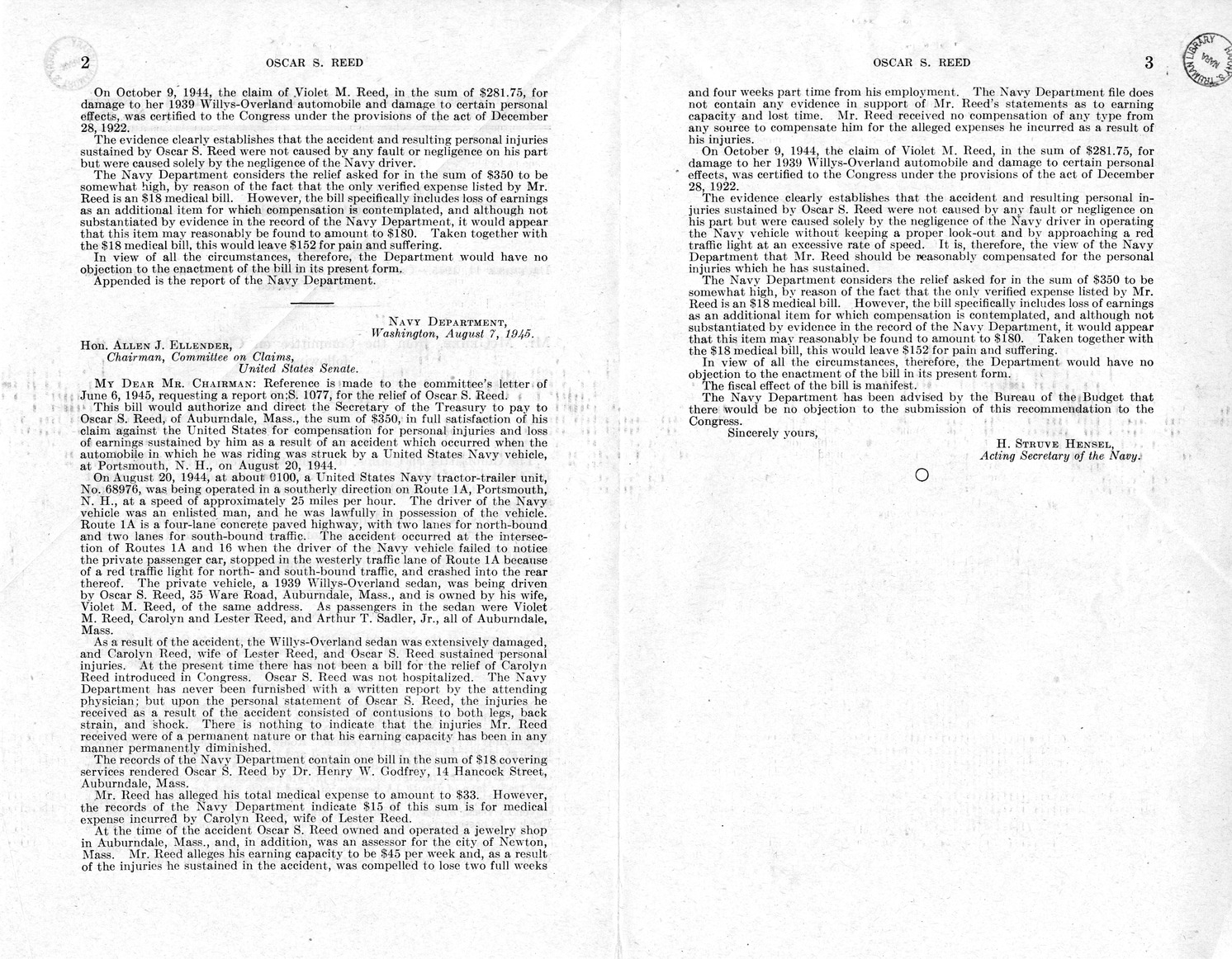 Memorandum from Frederick J. Bailey to M. C. Latta, S. 1077, For the Relief of Oscar S. Reed, with Attachments