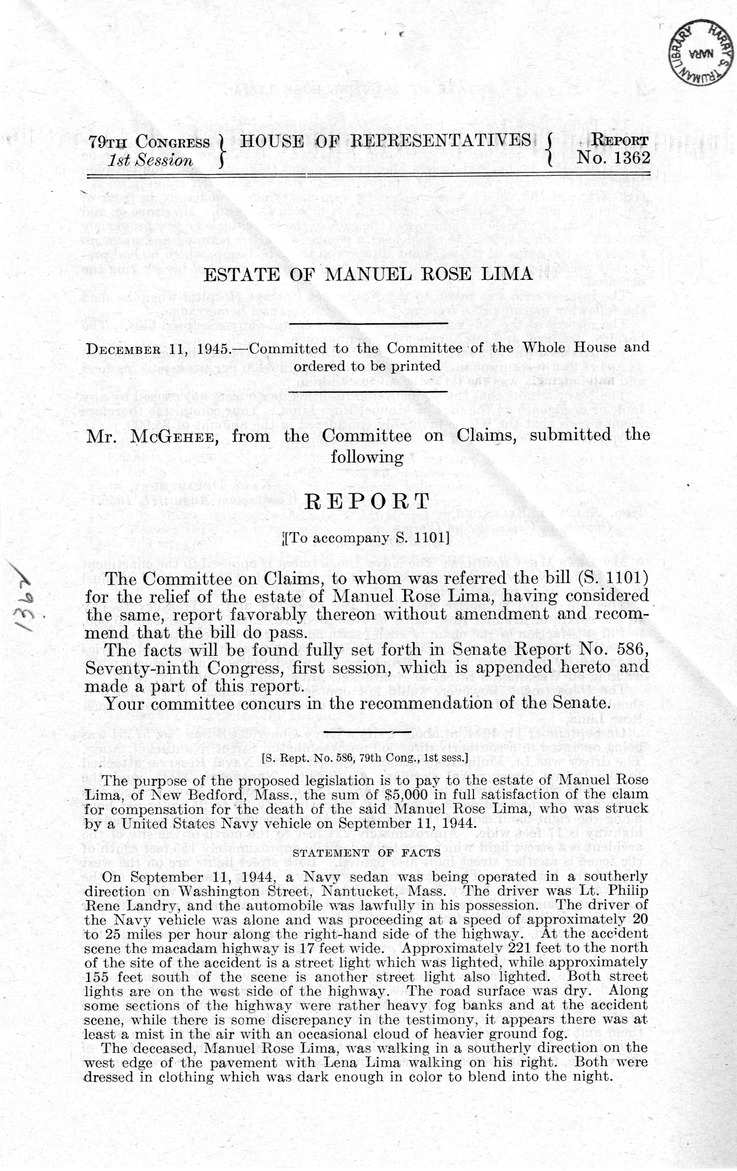 Memorandum from Frederick J. Bailey to M. C. Latta, S. 1101, For the Relief of the Estate of Manuel Rose Lima, with Attachments