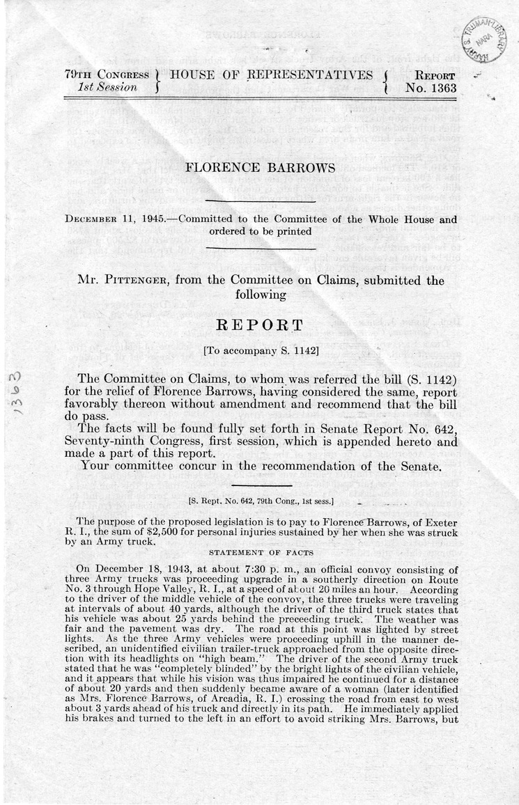 Memorandum from Frederick J. Bailey to M. C. Latta, S. 1142, For the Relief of Florence Barrows, with Attachments