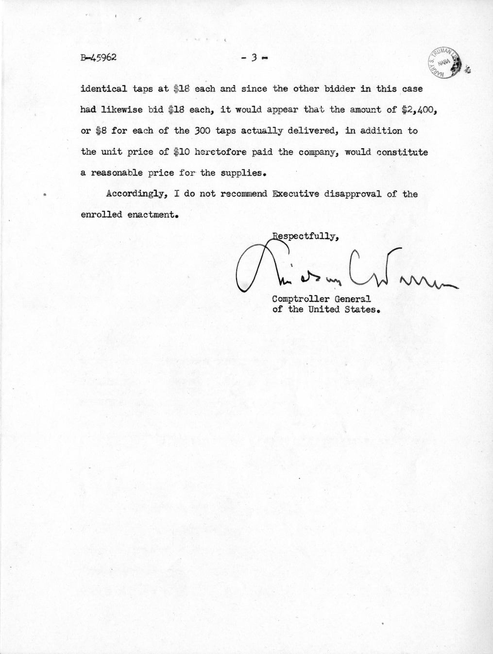 Memorandum from Frederick J. Bailey to M. C. Latta, S. 1158, For the Relief of Winter Brothers Company, with Attachments