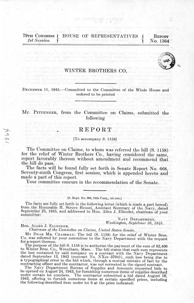 Memorandum from Frederick J. Bailey to M. C. Latta, S. 1158, For the Relief of Winter Brothers Company, with Attachments