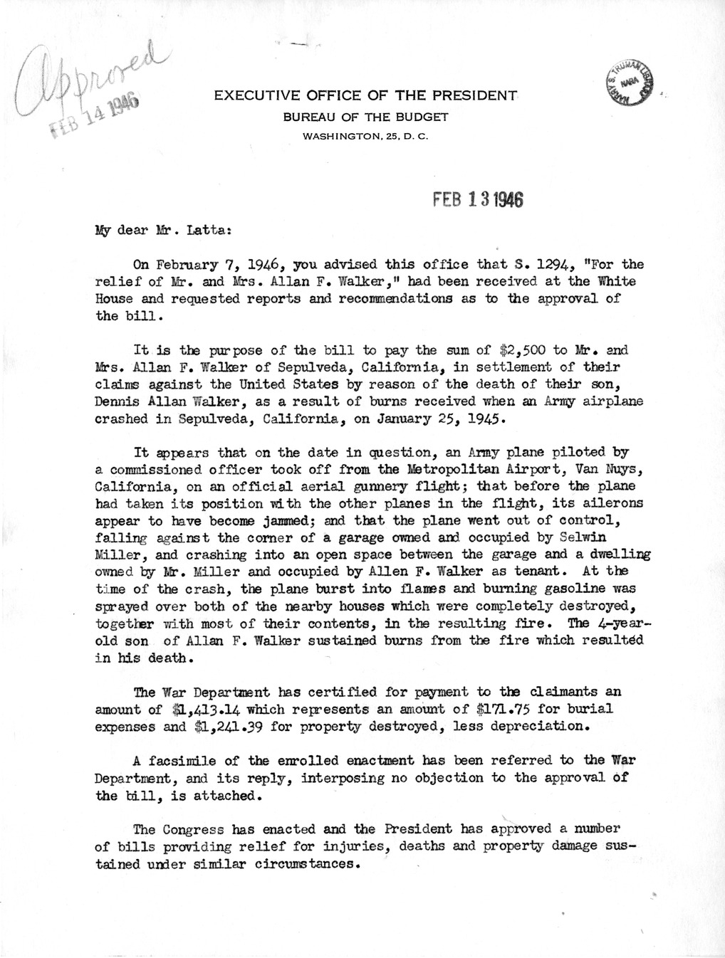 Memorandum from Frederick J. Bailey to M. C. Latta, S. 1294, For the Relief of Mr. and Mrs. Allan F. Walker, with Attachments