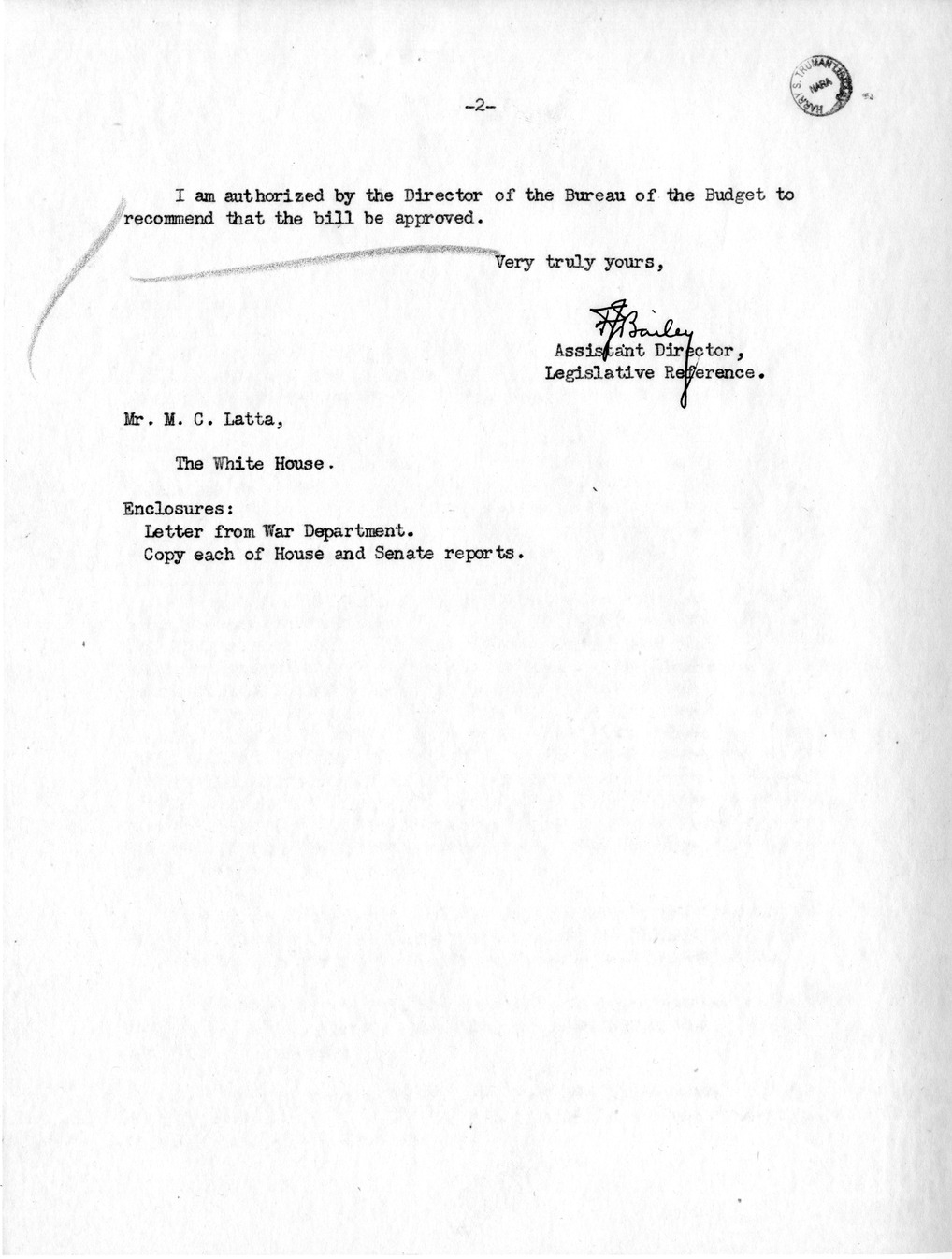 Memorandum from Frederick J. Bailey to M. C. Latta, S. 1294, For the Relief of Mr. and Mrs. Allan F. Walker, with Attachments