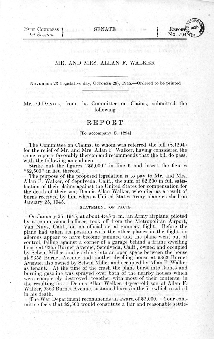 Memorandum from Frederick J. Bailey to M. C. Latta, S. 1294, For the Relief of Mr. and Mrs. Allan F. Walker, with Attachments