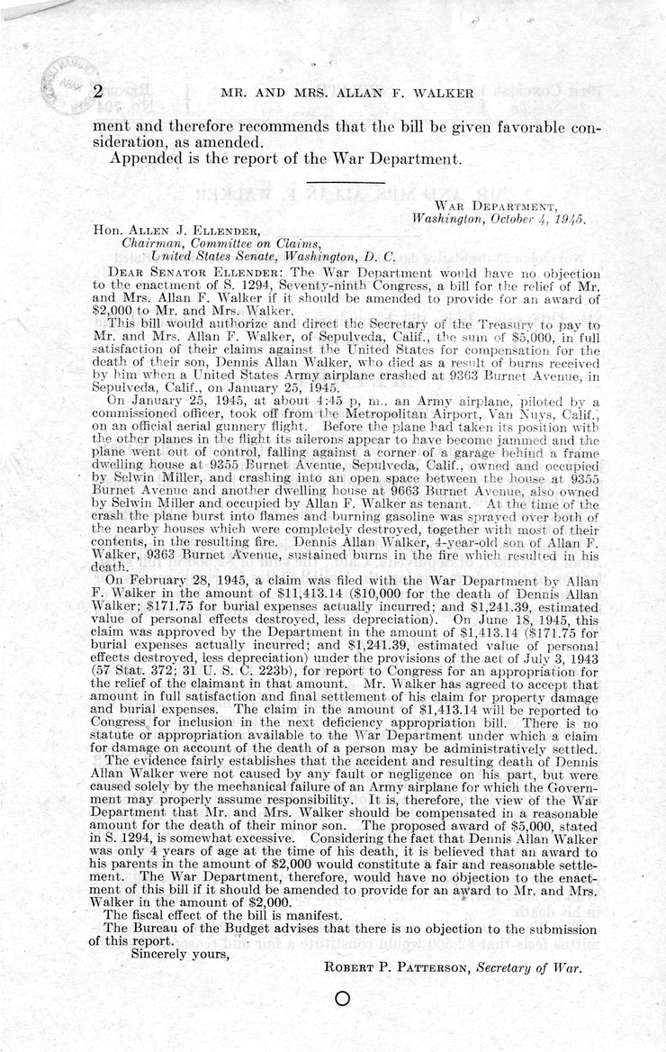Memorandum from Frederick J. Bailey to M. C. Latta, S. 1294, For the Relief of Mr. and Mrs. Allan F. Walker, with Attachments