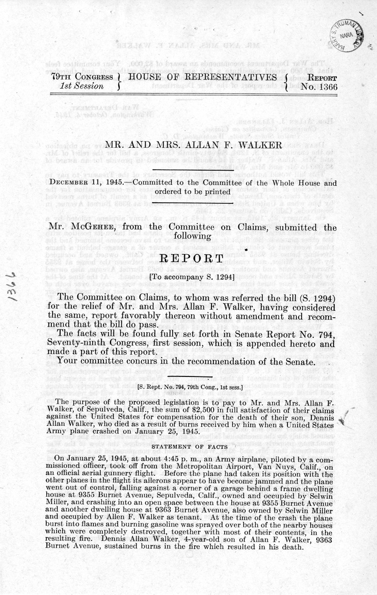 Memorandum from Frederick J. Bailey to M. C. Latta, S. 1294, For the Relief of Mr. and Mrs. Allan F. Walker, with Attachments