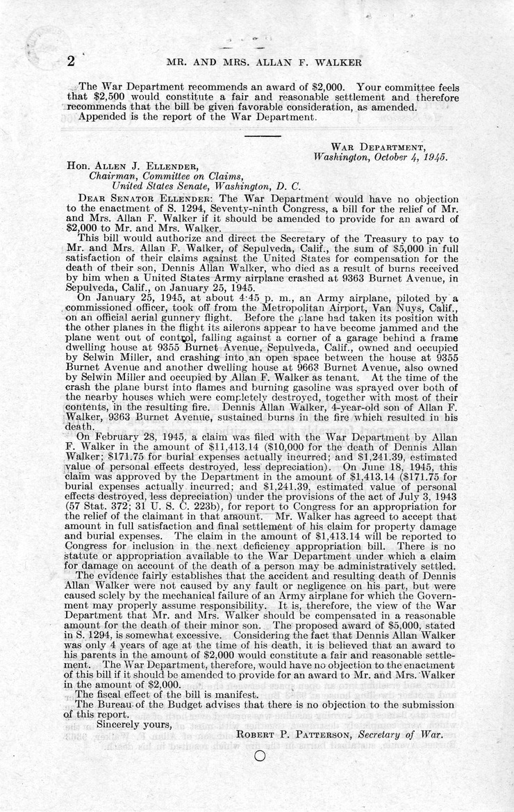 Memorandum from Frederick J. Bailey to M. C. Latta, S. 1294, For the Relief of Mr. and Mrs. Allan F. Walker, with Attachments