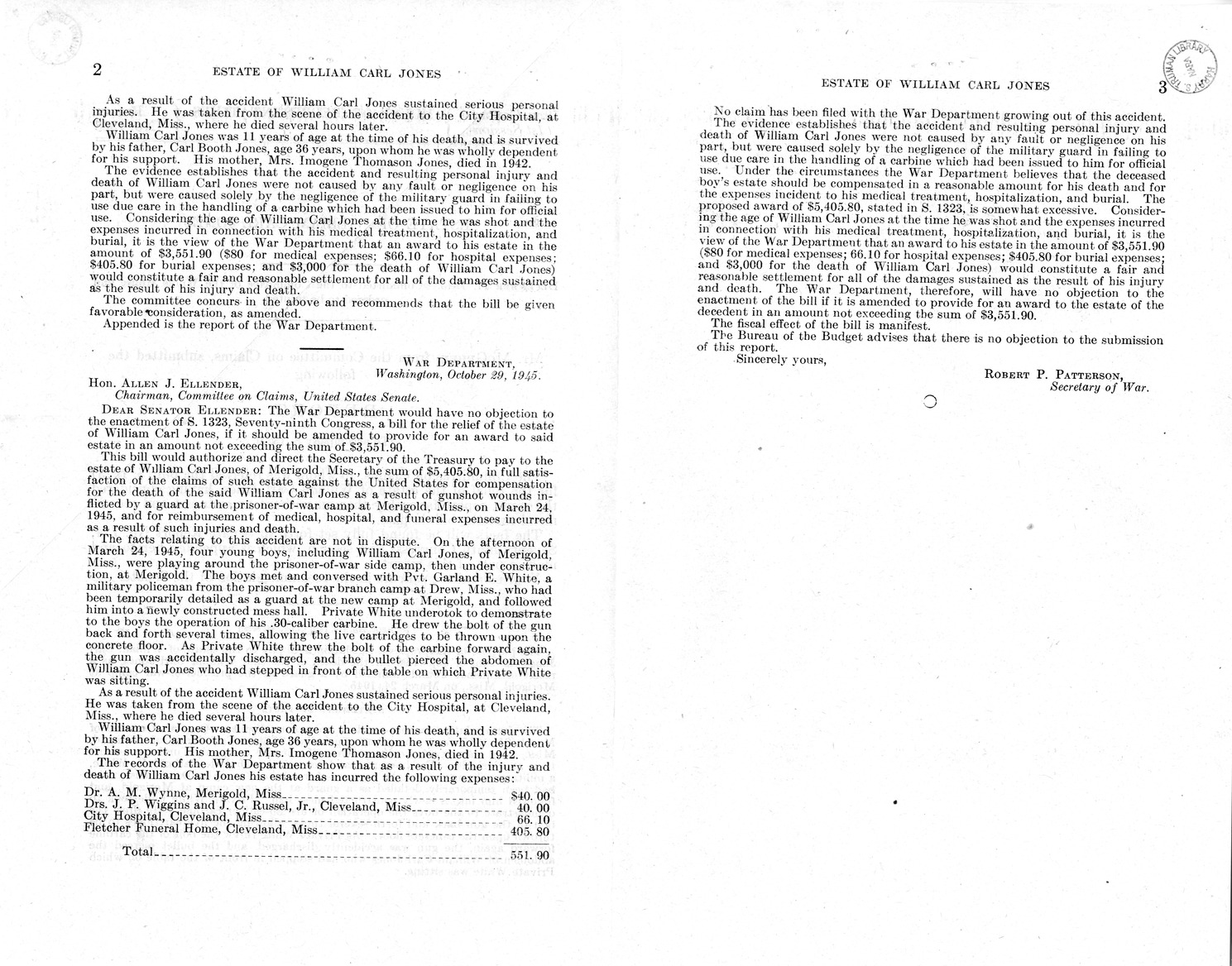 Memorandum from Frederick J. Bailey to M. C. Latta, S. 1323, For the Relief of the Estate of William Carl Jones, with Attachments