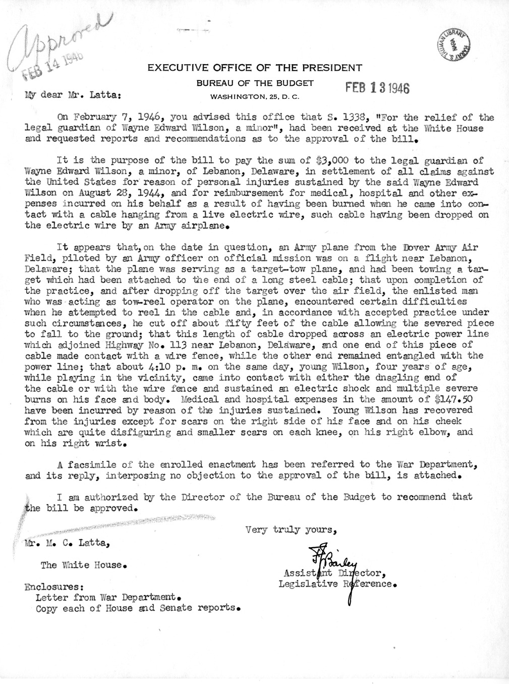 Memorandum from Frederick J. Bailey to M. C. Latta, S. 1338, For the Relief of the Legal Guardian of Wayne Edward Wilson, a Minor, with Attachments