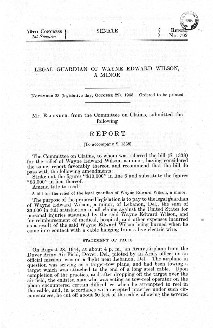 Memorandum from Frederick J. Bailey to M. C. Latta, S. 1338, For the Relief of the Legal Guardian of Wayne Edward Wilson, a Minor, with Attachments