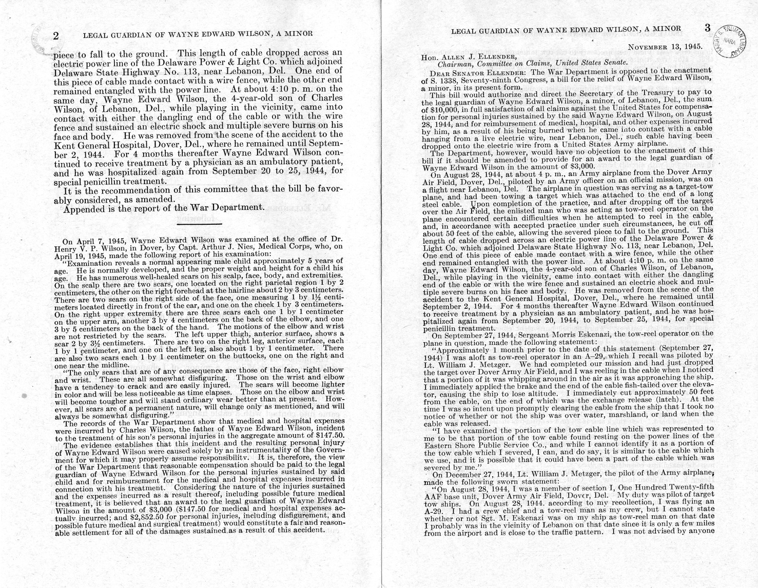 Memorandum from Frederick J. Bailey to M. C. Latta, S. 1338, For the Relief of the Legal Guardian of Wayne Edward Wilson, a Minor, with Attachments