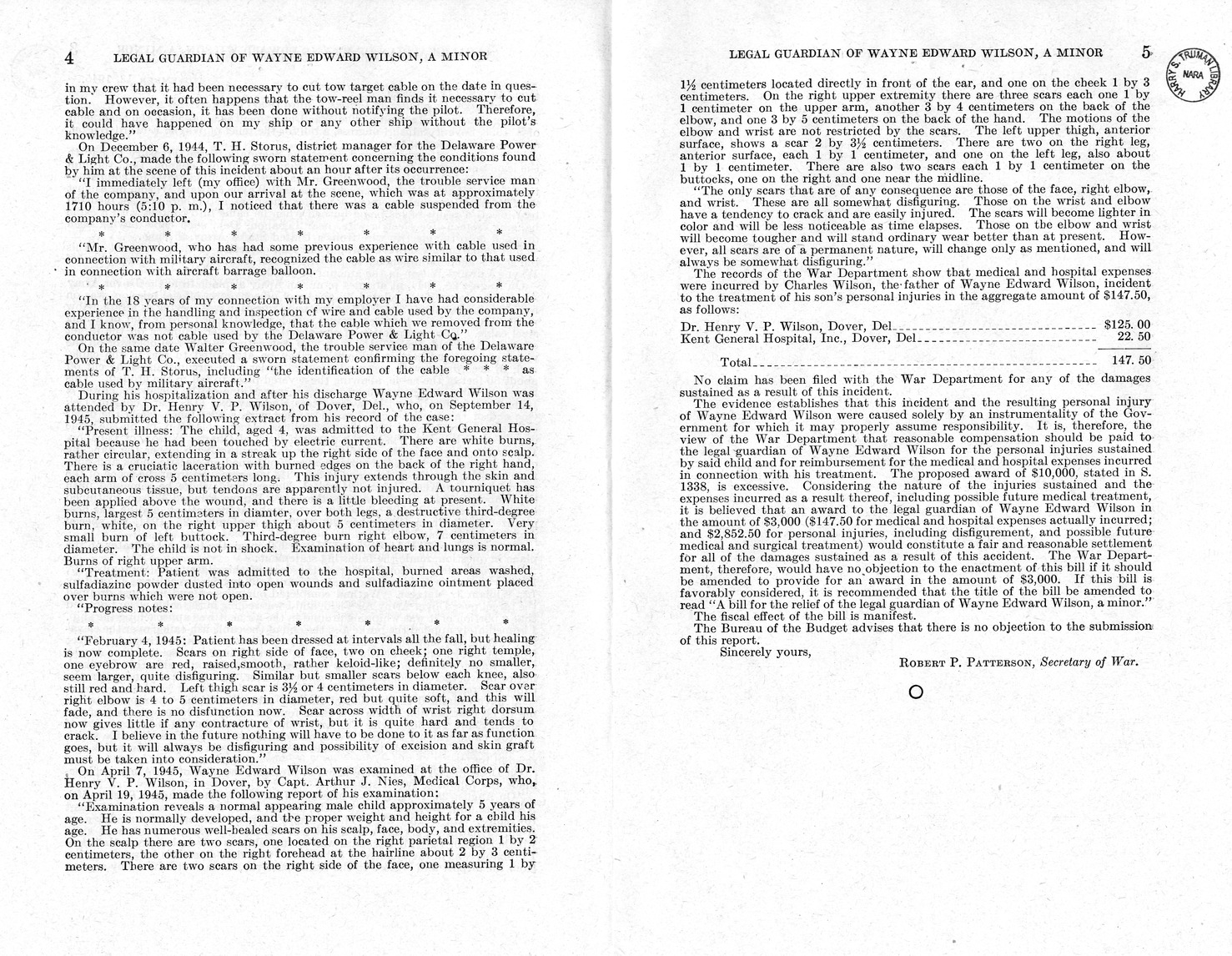 Memorandum from Frederick J. Bailey to M. C. Latta, S. 1338, For the Relief of the Legal Guardian of Wayne Edward Wilson, a Minor, with Attachments