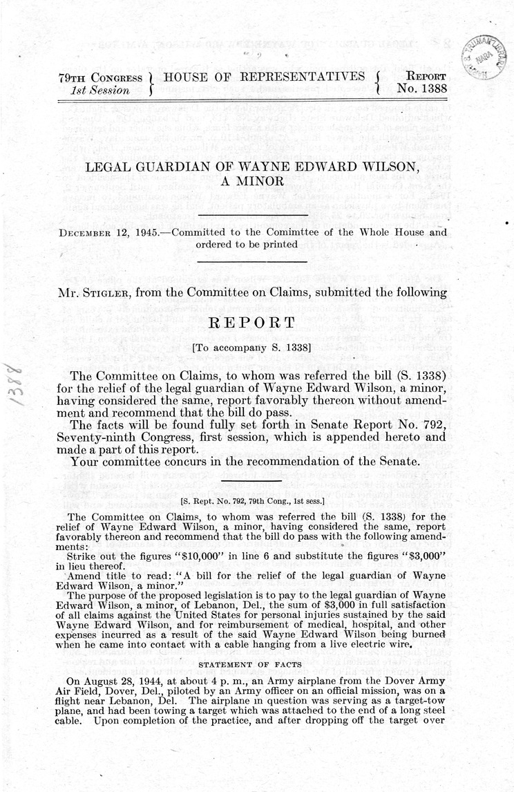 Memorandum from Frederick J. Bailey to M. C. Latta, S. 1338, For the Relief of the Legal Guardian of Wayne Edward Wilson, a Minor, with Attachments