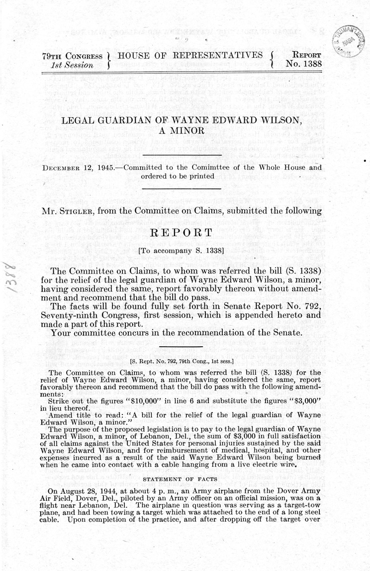 Memorandum from Frederick J. Bailey to M. C. Latta, S. 1338, For the Relief of the Legal Guardian of Wayne Edward Wilson, a Minor, with Attachments