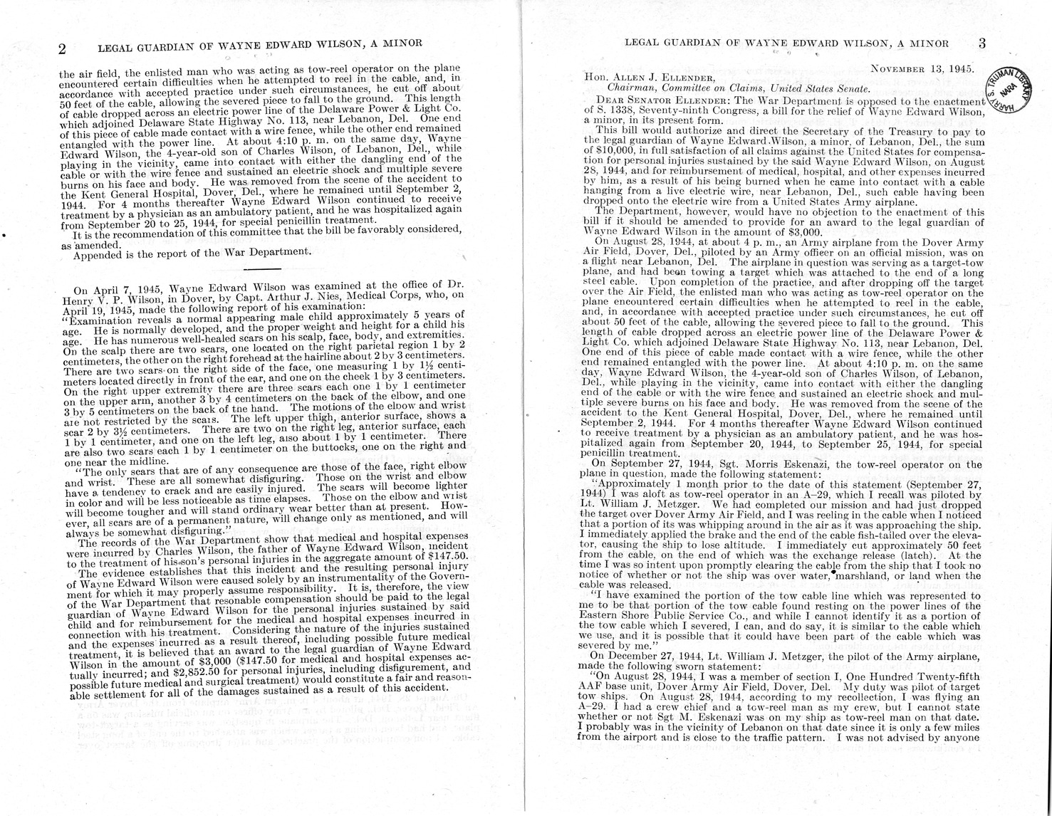 Memorandum from Frederick J. Bailey to M. C. Latta, S. 1338, For the Relief of the Legal Guardian of Wayne Edward Wilson, a Minor, with Attachments