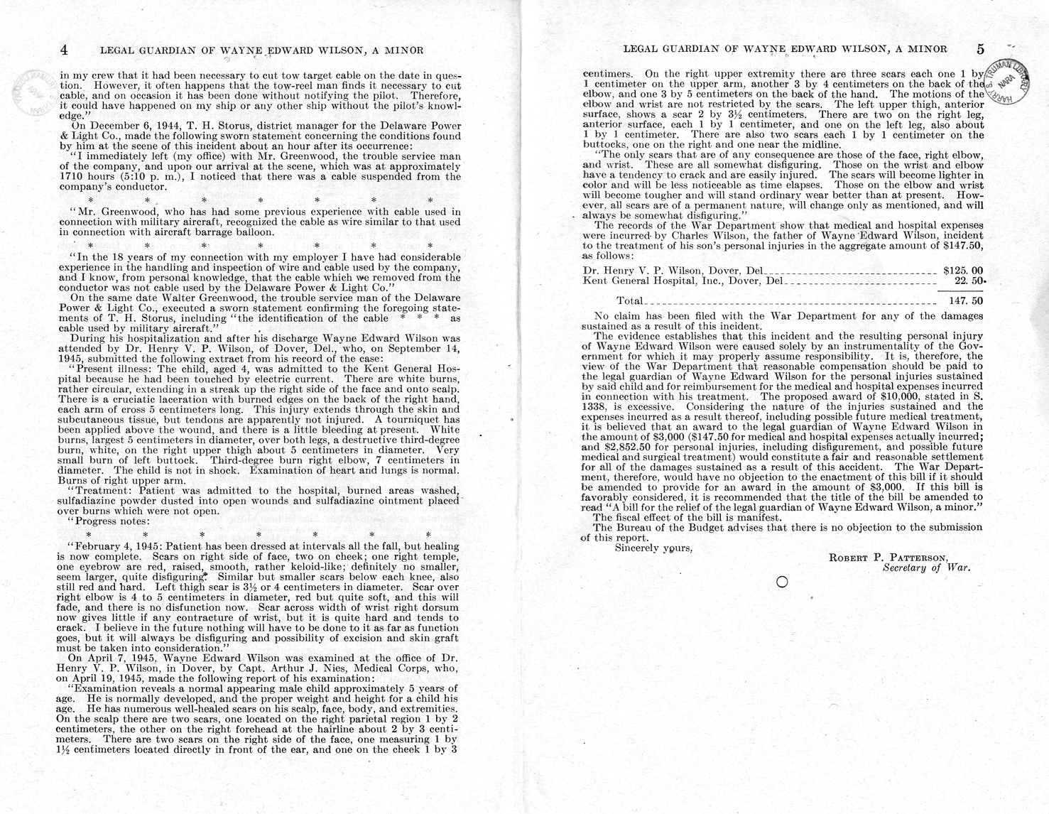 Memorandum from Frederick J. Bailey to M. C. Latta, S. 1338, For the Relief of the Legal Guardian of Wayne Edward Wilson, a Minor, with Attachments