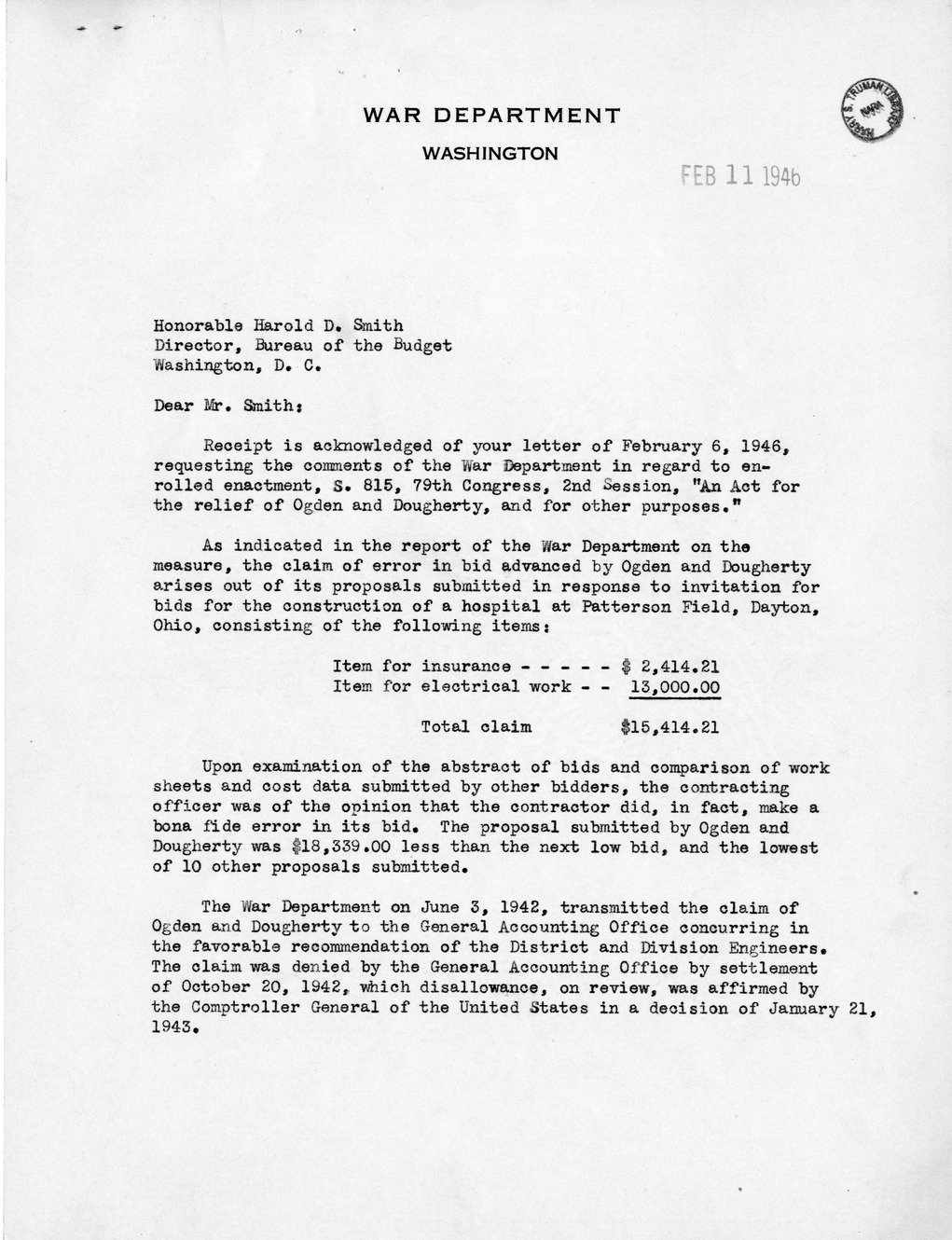 Memorandum from Harold D. Smith to M. C. Latta, S. 815, For the Relief of Ogden and Dougherty, and for Other Purposes, with Attachments