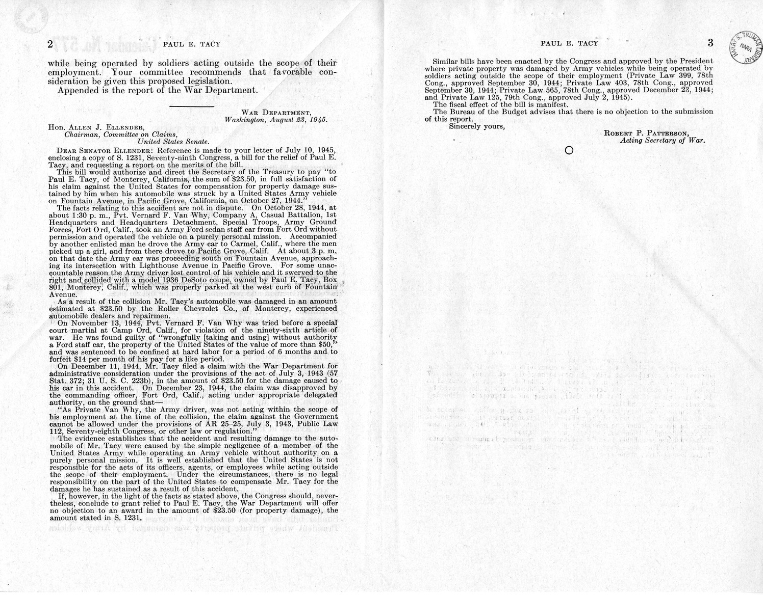 Memorandum from Harold D. Smith to M. C. Latta, S. 1231, For the Relief of Paul E. Tacy, with Attachments