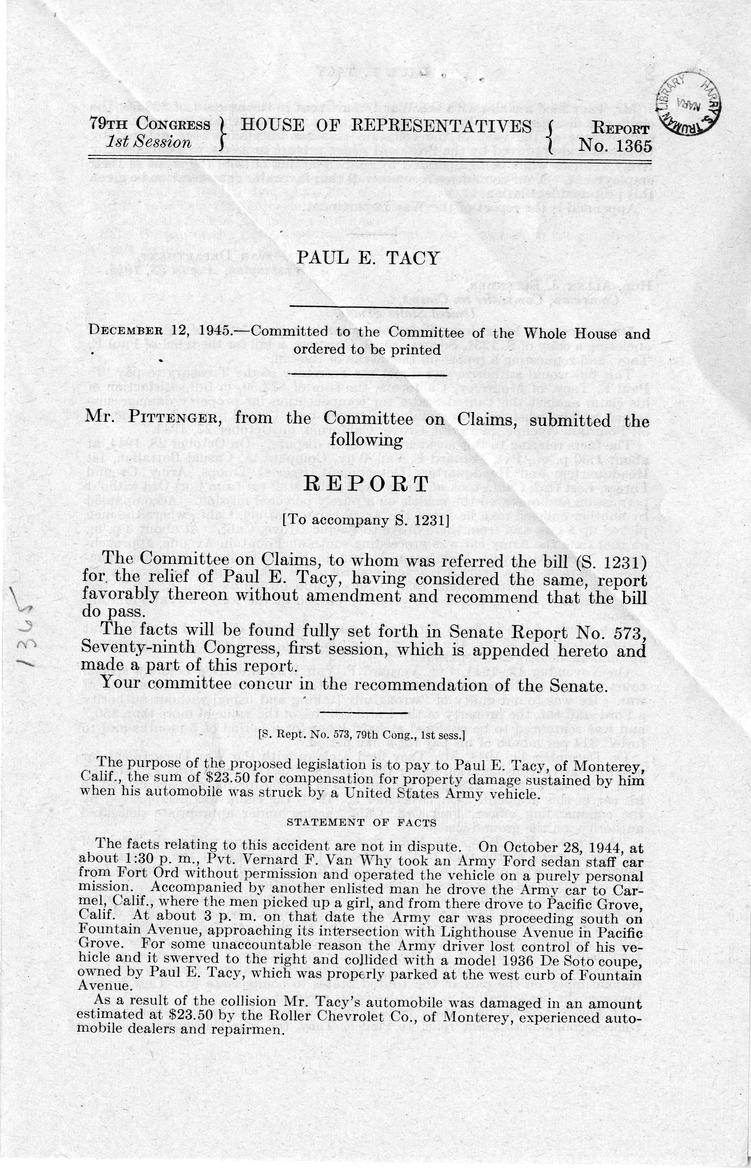 Memorandum from Harold D. Smith to M. C. Latta, S. 1231, For the Relief of Paul E. Tacy, with Attachments