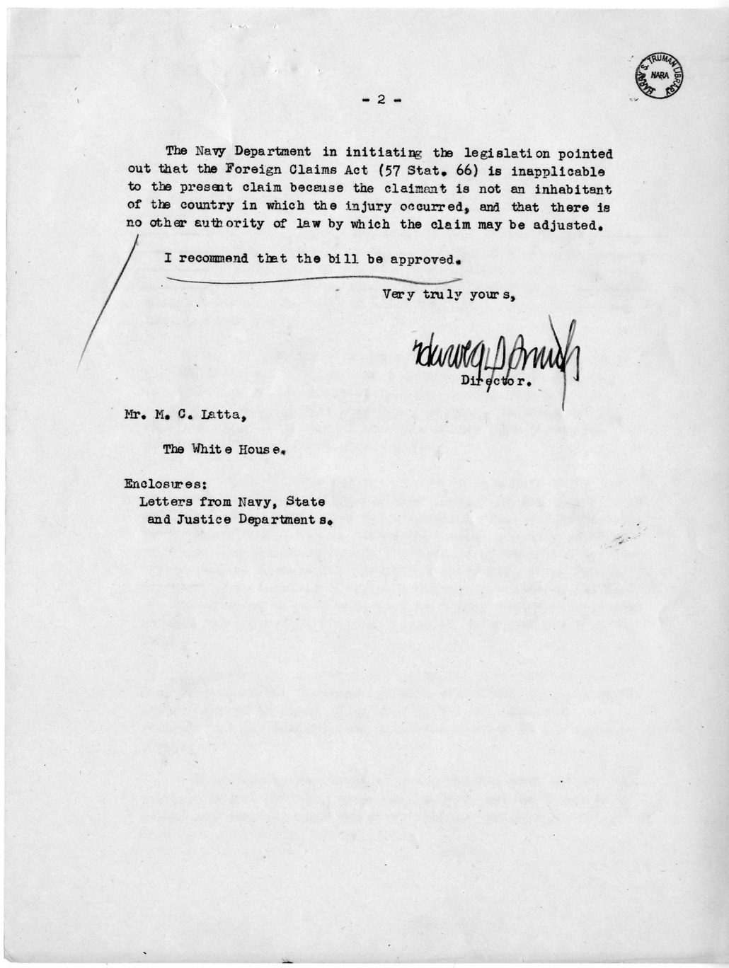 Memorandum from Harold D. Smith to M. C. Latta, S. 1361, To Compensate Clement Euzeire, an Inhabitant of French Morocco, for Personal Injuries Caused by a Naval Vehicle Near Oran, Algeria, on September 21, 1943, with Attachments