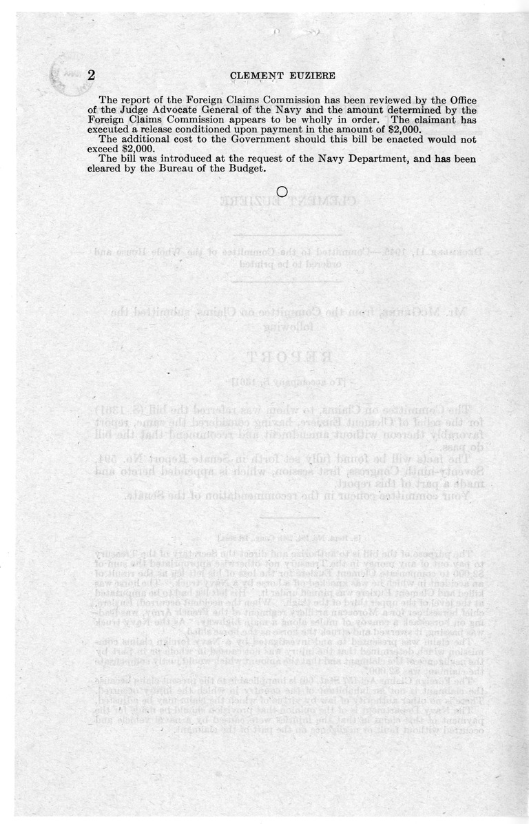 Memorandum from Harold D. Smith to M. C. Latta, S. 1361, To Compensate Clement Euzeire, an Inhabitant of French Morocco, for Personal Injuries Caused by a Naval Vehicle Near Oran, Algeria, on September 21, 1943, with Attachments