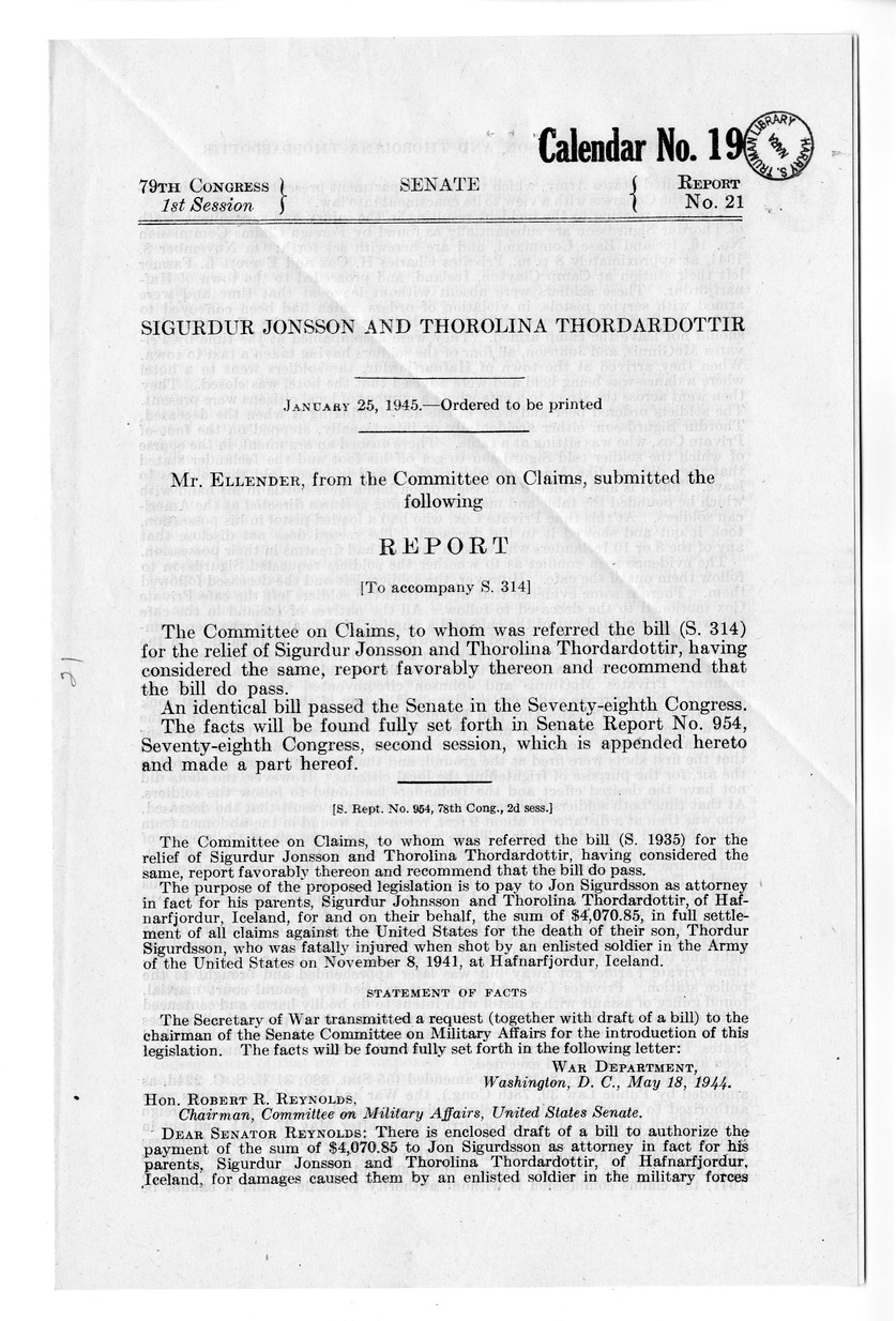 Memorandum from Harold D. Smith to M. C. Latta, S. 314, For the Relief of Sigurdur Jonsson and Thorolina Thordardottir, with Attachments